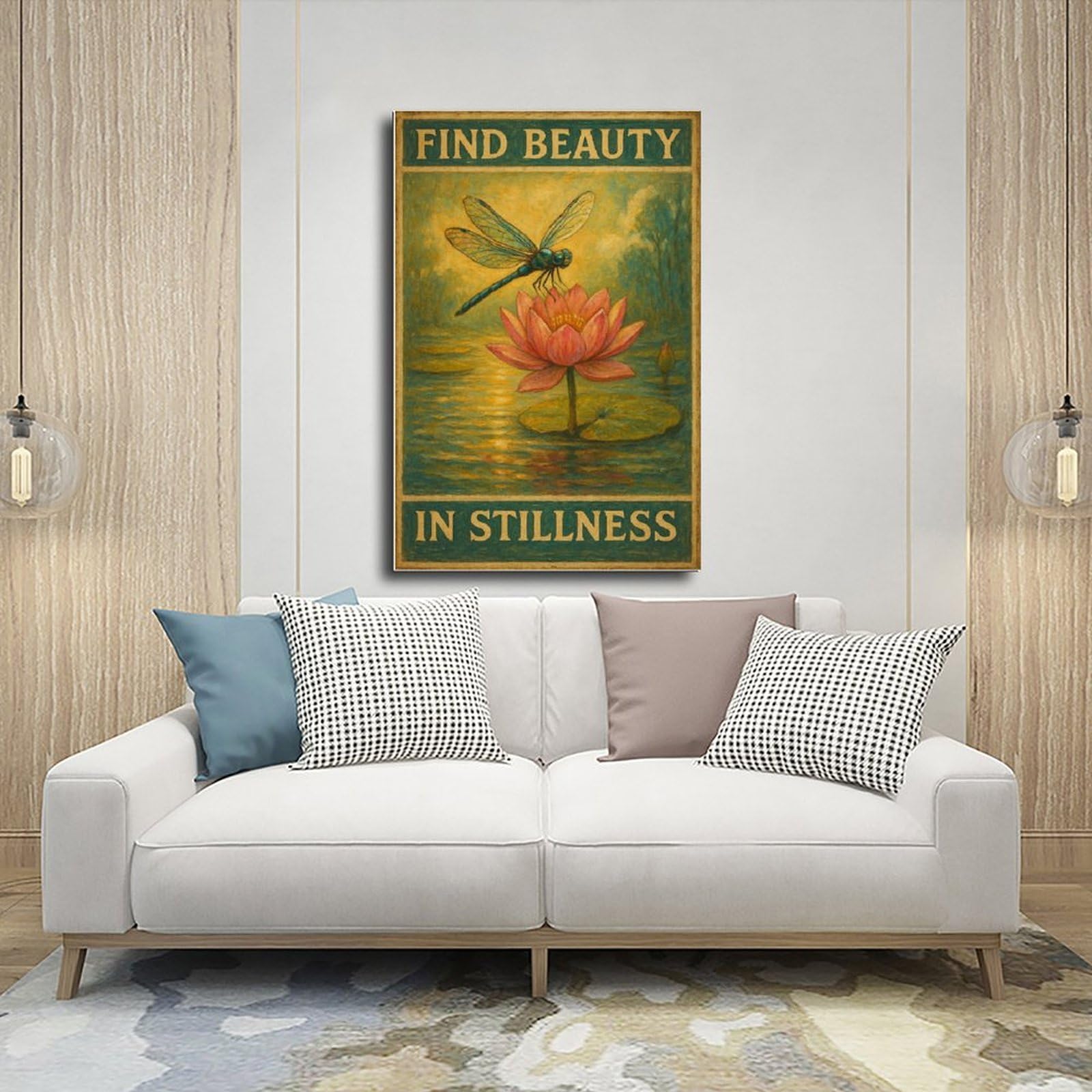 Poster su tela con libellula "Find Beauty in Stillness", per ufficio, idea regalo