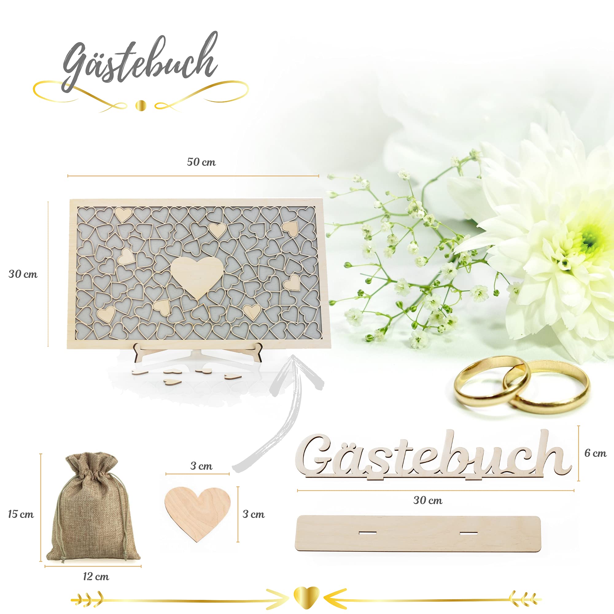 Wedding Gästebuch Hochzeit mit Holzherzen I Perfekt Hochzeitsdeko I 101 Herzen I Holzen Rahmen zum Befüllen I Hochzeitsgästebuch mit Ständer und Informationstafel I Geschenk zum Hochzeitstag