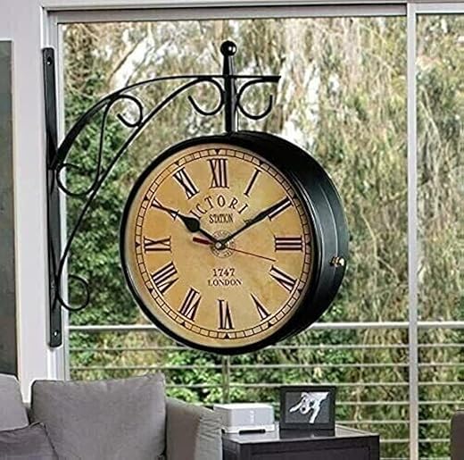 Railway Vintage Double-Sided Wall Clock – Classic Railway Station Style, London Roman Numeral Design, Retro Metal Frame for Indoor & Outdoor Home Décor for Gift