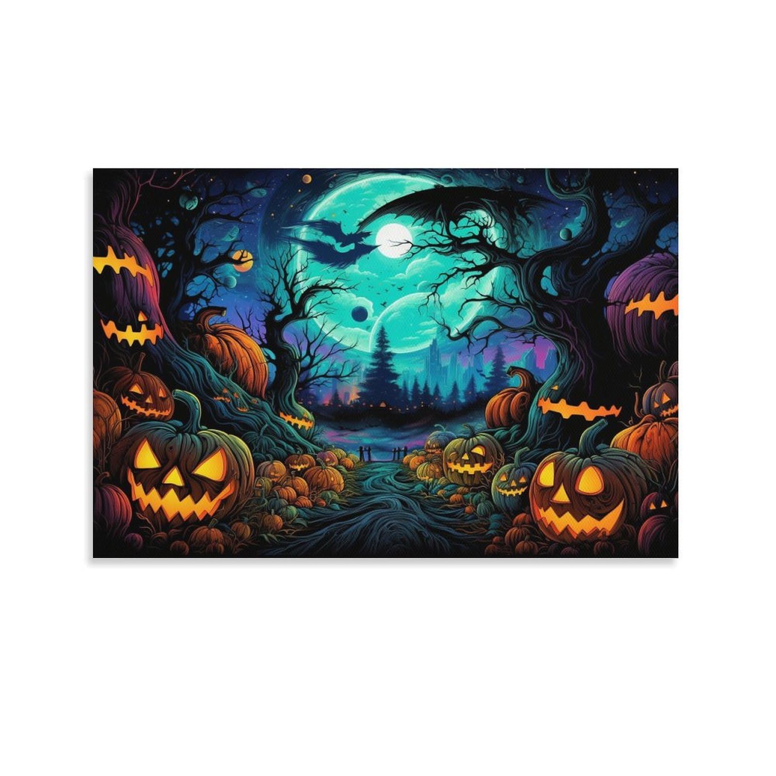 CPLVKWRQJ Bright Magical Colorful 1 Piece Spooky Halloween Pumpkin Scene Canvas Art Decor - Bedroom Nursery Wall Hanging Space Saving Ready to Hang 24x36inch(60x90cm)