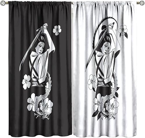 Miniatura 9 de Cortinas opacas de samurái japonés, con diseño de espada samurái japonesa, para decoración de sala de estar, dormitorio, 42 x 45 pulgadas, 2 paneles