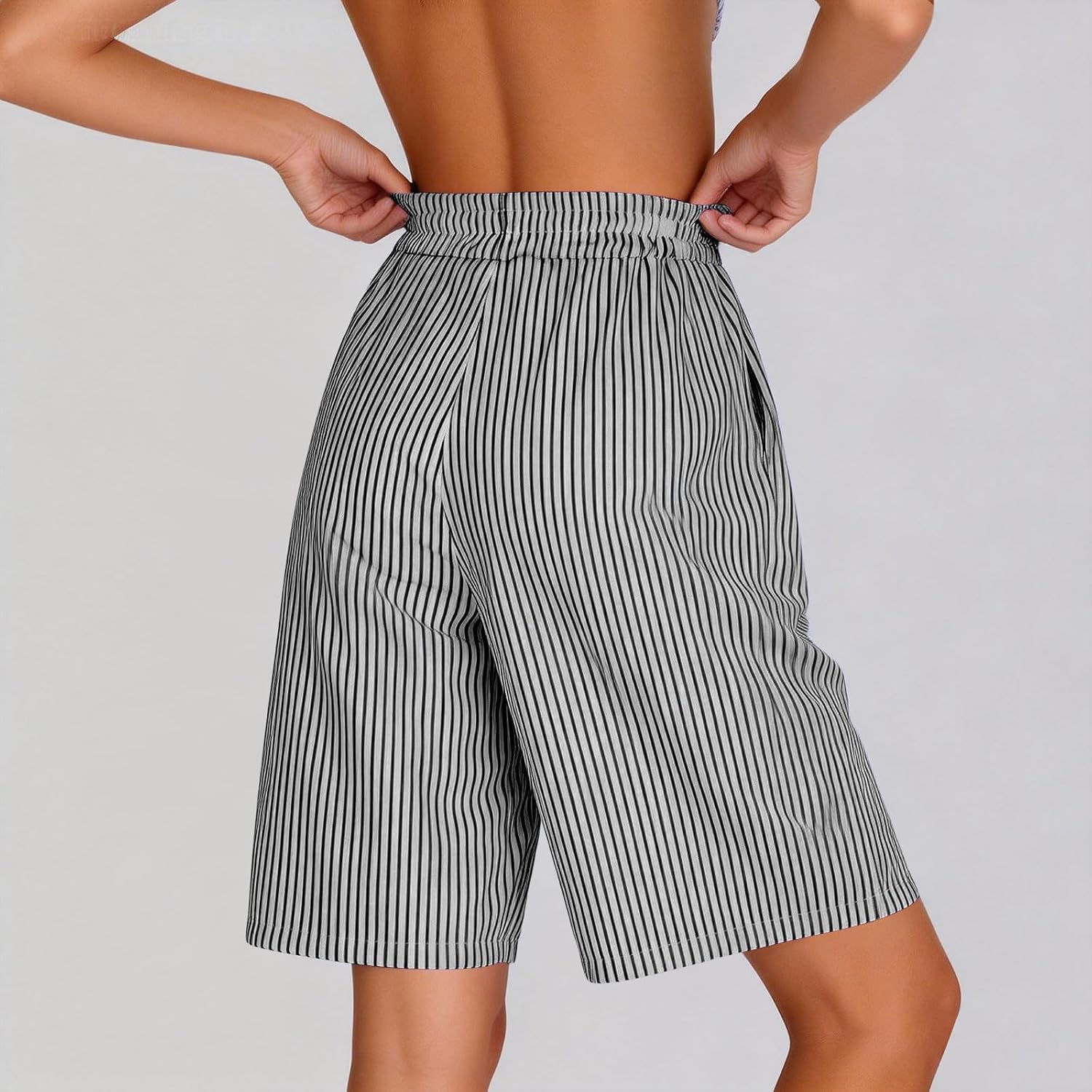 Bermuda Striped Shorts for Womens Knee Length Pants Baggy Lounge Casual Resort Bottoms Cute Beachwear with Pockets