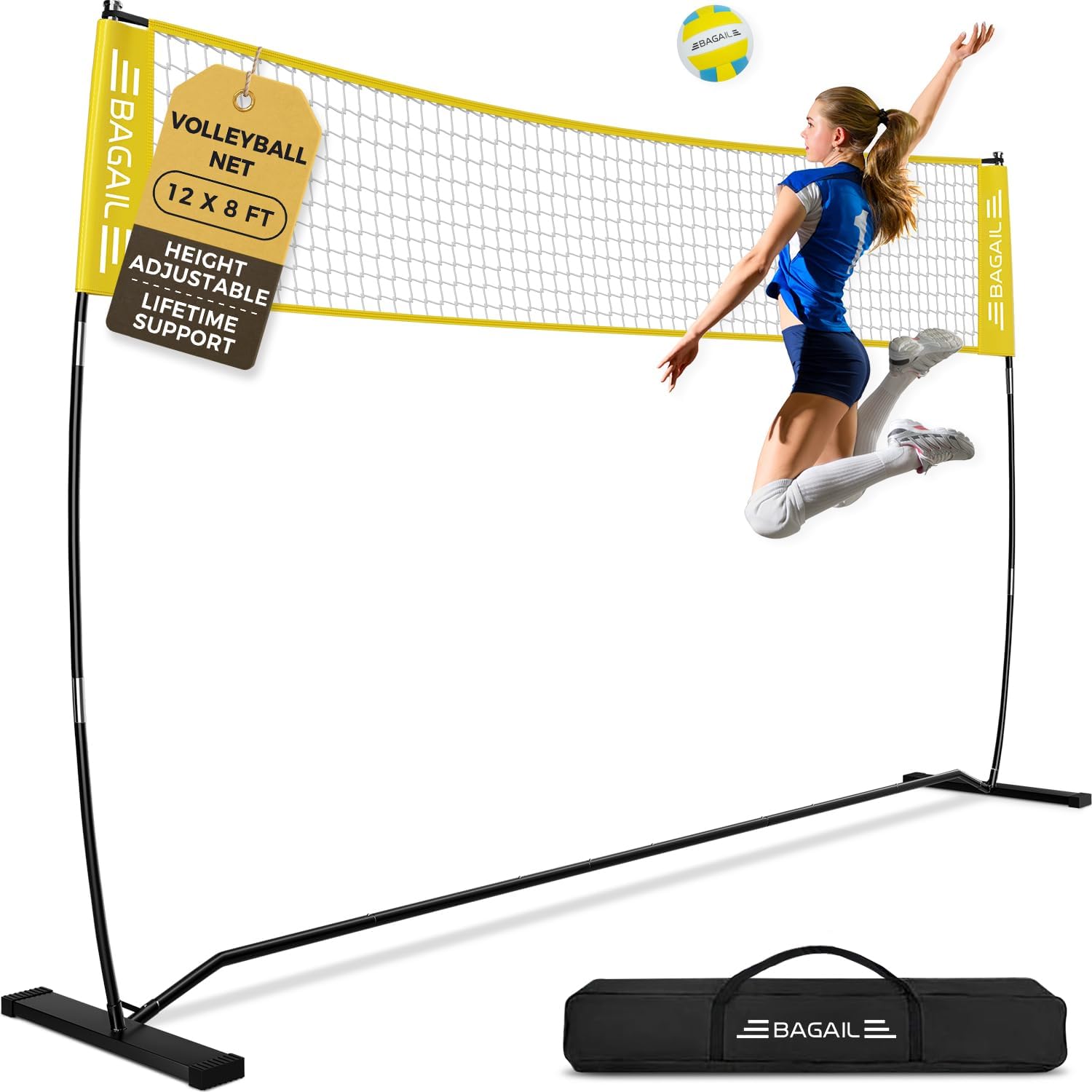 Bagail Portable Volleyball Net 12ft/20ft - Adjustable Height Heavy-Duty Frame Freestanding Design with Carry Bag