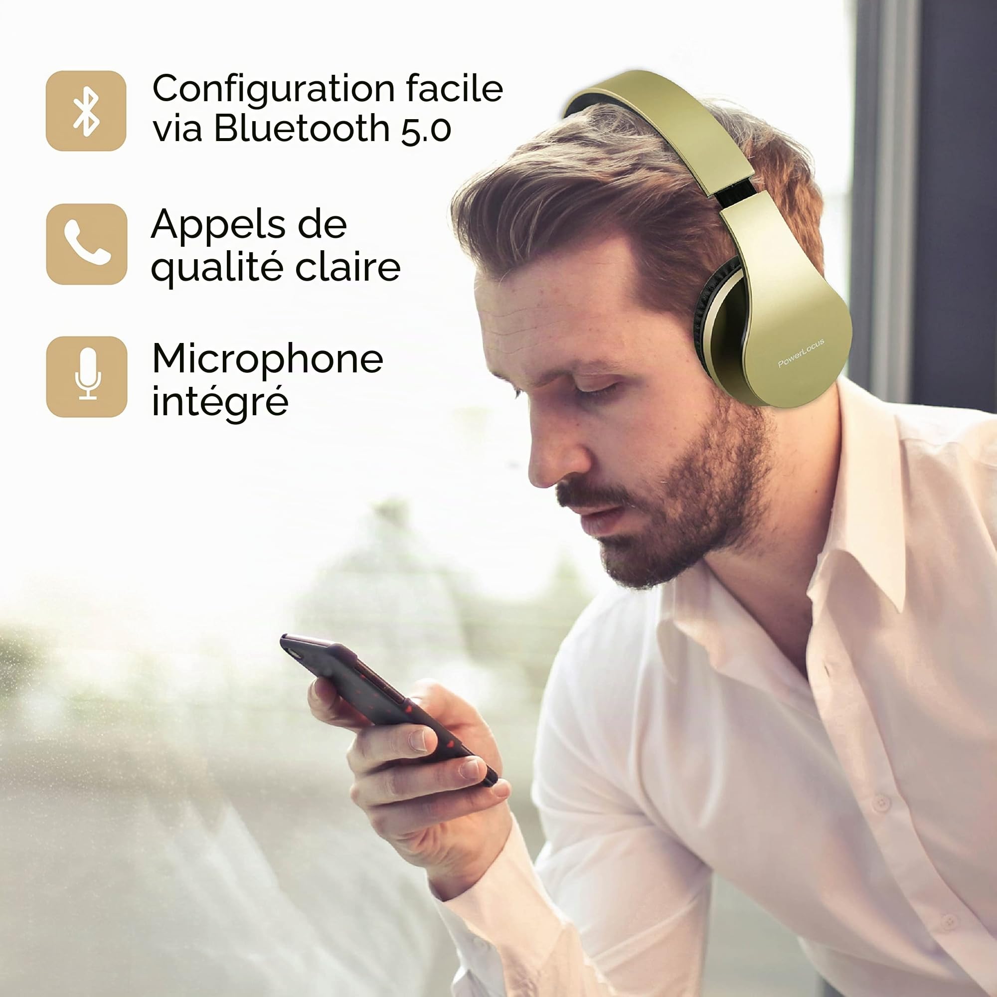 PowerLocus Casque Bluetooth sans Fil avec Micro intégré - Hi-FI Stereo – Micro SD/TF, FM Radio – Casque Pliables – pour iPhone/Android/iPad/Ordinateurs Portables (Or)