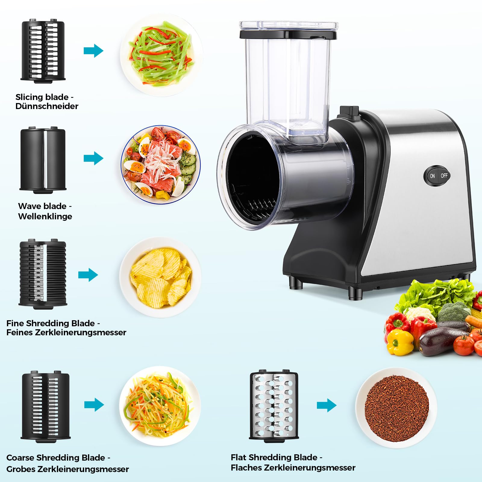 Coupe-Légumes Électrique 250W, Râpe 5-en-1 avec Grande Ouverture de Remplissage, Mandoline Multifonction pour Fruits, Légumes & Fromage