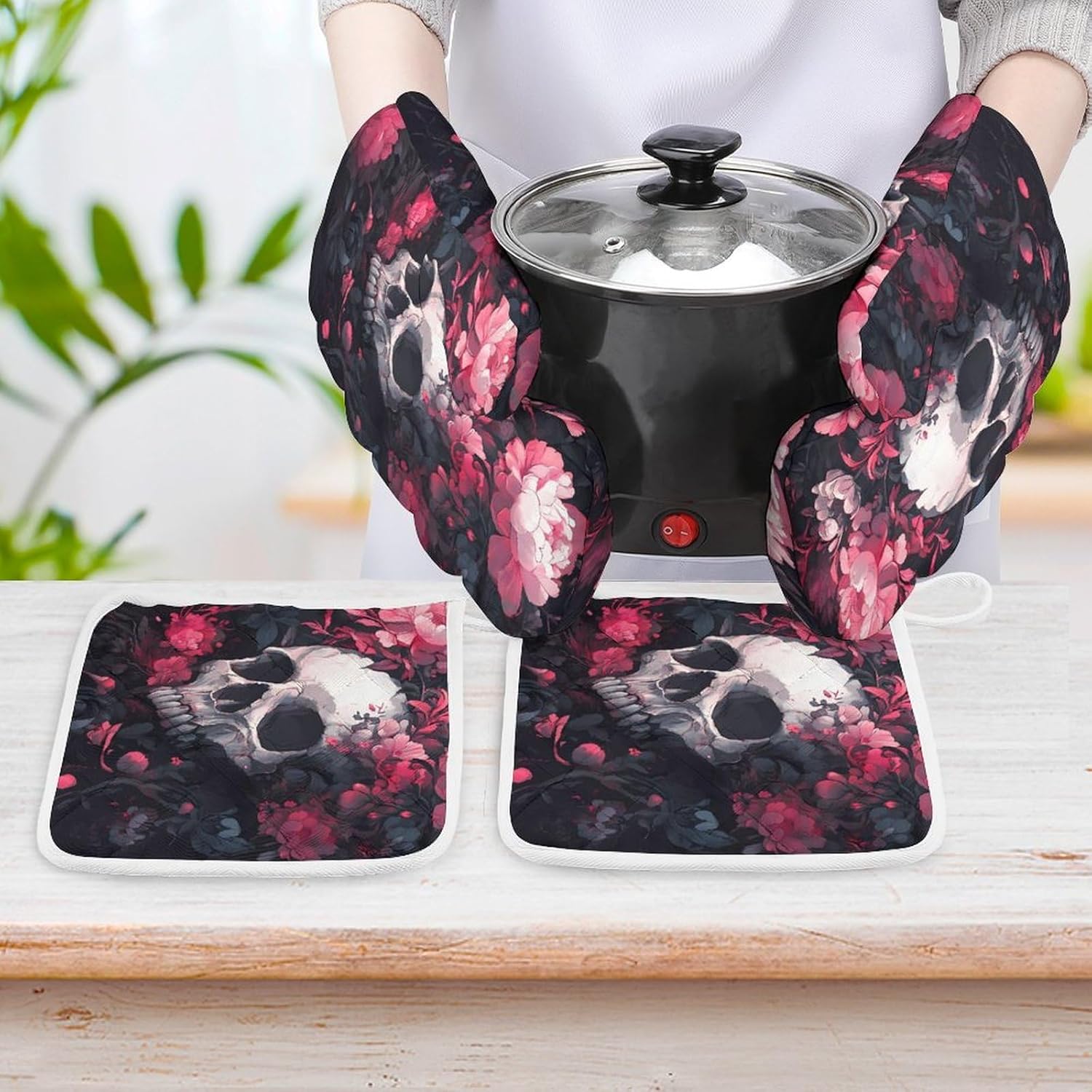 Skull Blooming Flowers Peony Oven Mitts and Pot Holders 4Pcs Set Heat Resistant Cooking Mitts Hot Pads