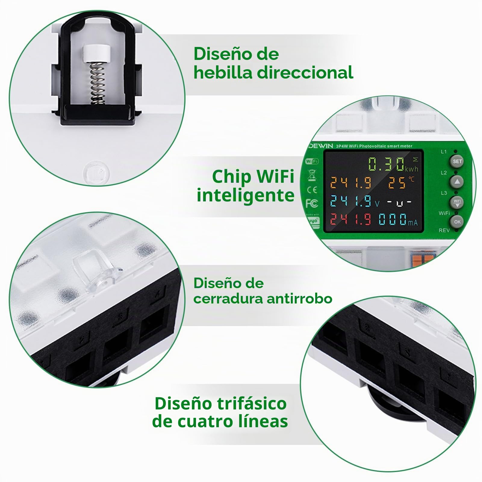 DEWIN WiFi Medidor de Consumo Electrico Trifásico 100A 380VAC Contadores de Energía Trifásicos sobre Raíles Medidor Energia WiFi con Control de Tiempo(con manuales en español)