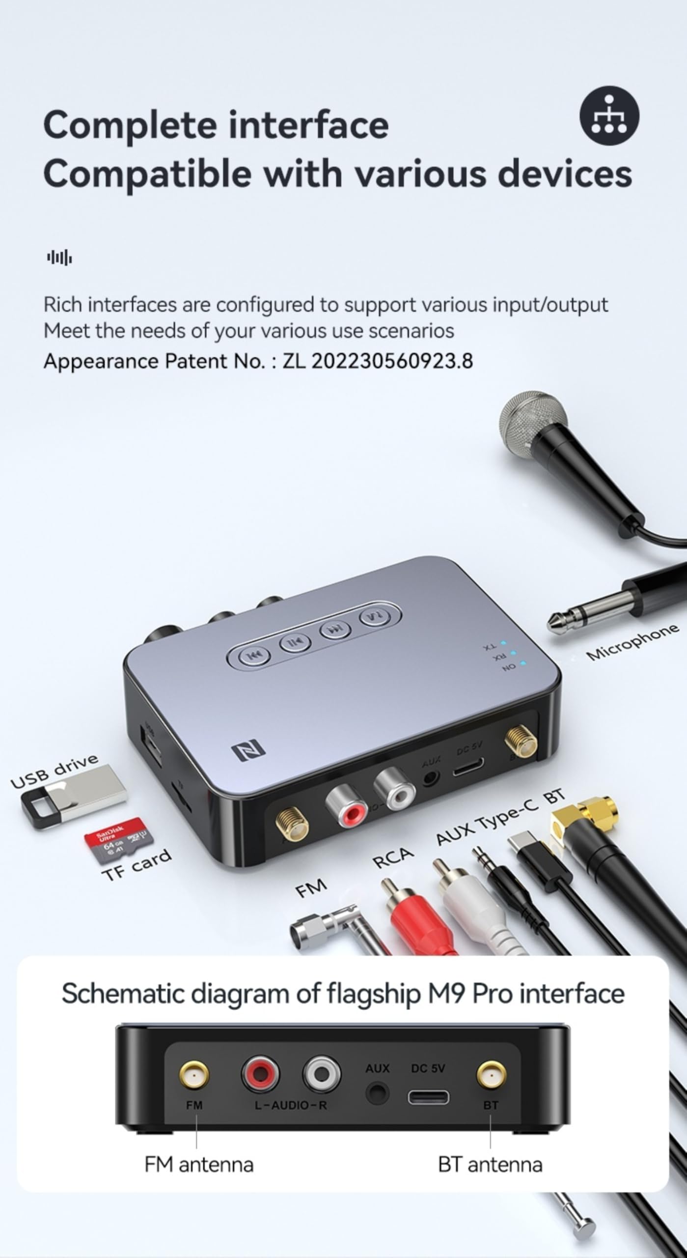 NFC 5.1 Bluetooth Audio Adaptador Bluetooth Receptor Transmisor, with 3.5mm AUX, RCA, 6.5mm Conexión de Micrófono, Radio FM para Auriculares,Altavoces,TVs,Amplificadores,Home Stereos,PCs