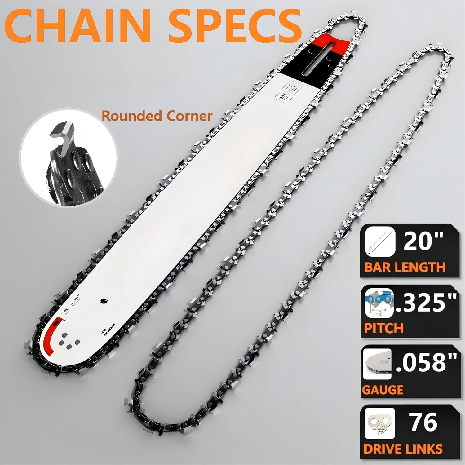 20 Inch Chainsaw Chain .325" Pitch .058" Gauge 76 Drive Links for Supmix 62cc, WEMARS ‎6220G, NEOTEC NCS6200, Oregon 21LPX076G, Stihl 36880050076,Blue Max 53543, 52209, 8901, 8902 and More(3pack)