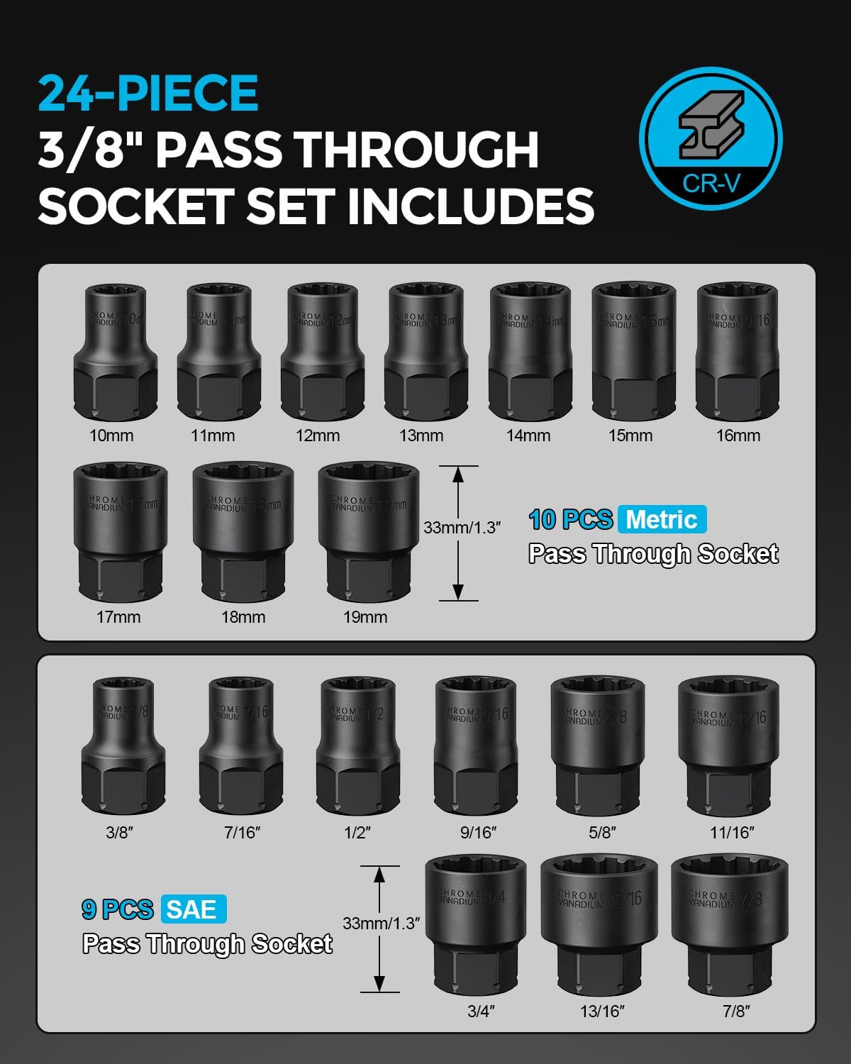3/8-Inch Pass Through Socket Set, 24-Piece SAE & Metric 12-Point Go-Thru Sockets with 2-in-1 Ratchet (72-Tooth), Adapter, Extension Bar & Sturdy Case, CR-V Steel