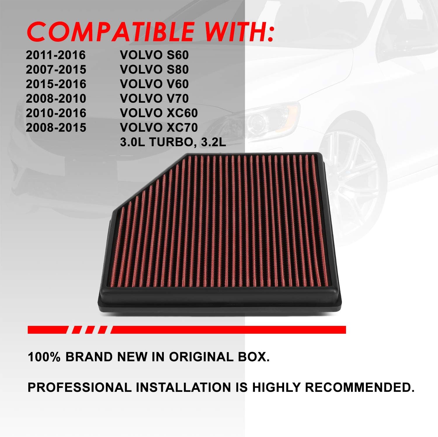 Auto Dynasty High Flow Engine Air Panel Filter Drop-in Reusable & Washable Reuseable Compatible with S30 S80 V60 V70 XC60 XC70 3.0L 3.2L 07-16 (Red)