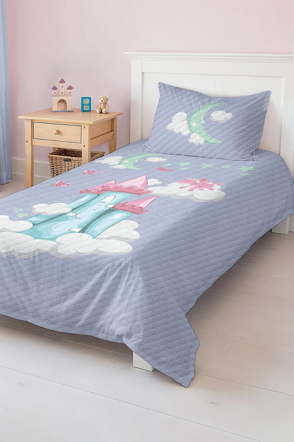 SODEF Bedding Set Twin Size Castle Design for Kids and Teens, Lightweight Quilt Set with Pillow Sham, Soft Cotton Polyester Blend, Fade Resistant, Multicolor - Multicolor, One Size