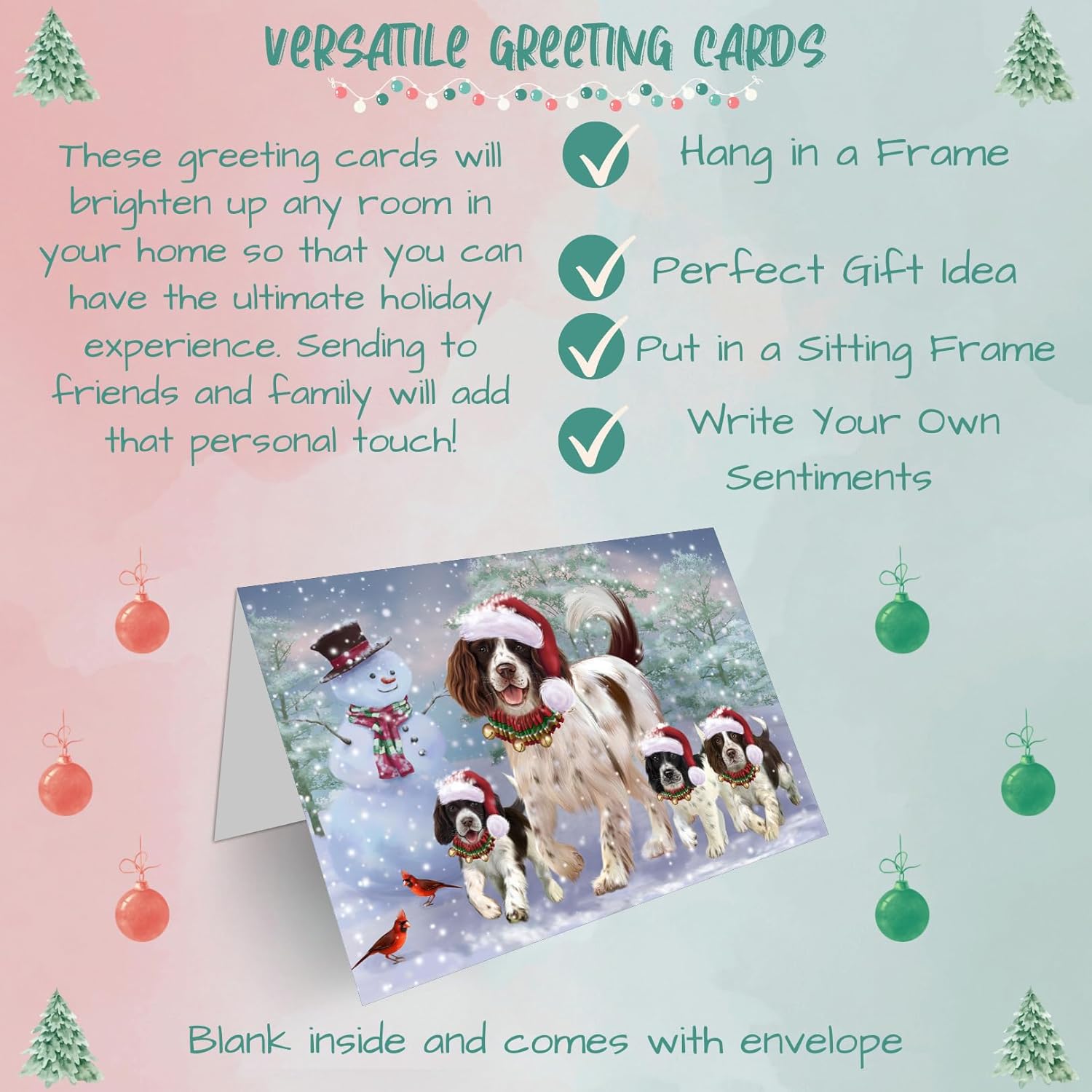 Christmas Running Family Dogs English Springer Spaniels Dog Note Cards - Adorable Pets Invitation Cards with Envelopes - Pet Artwork Christmas Note Cards GCD66692 (10 Greeting Cards)