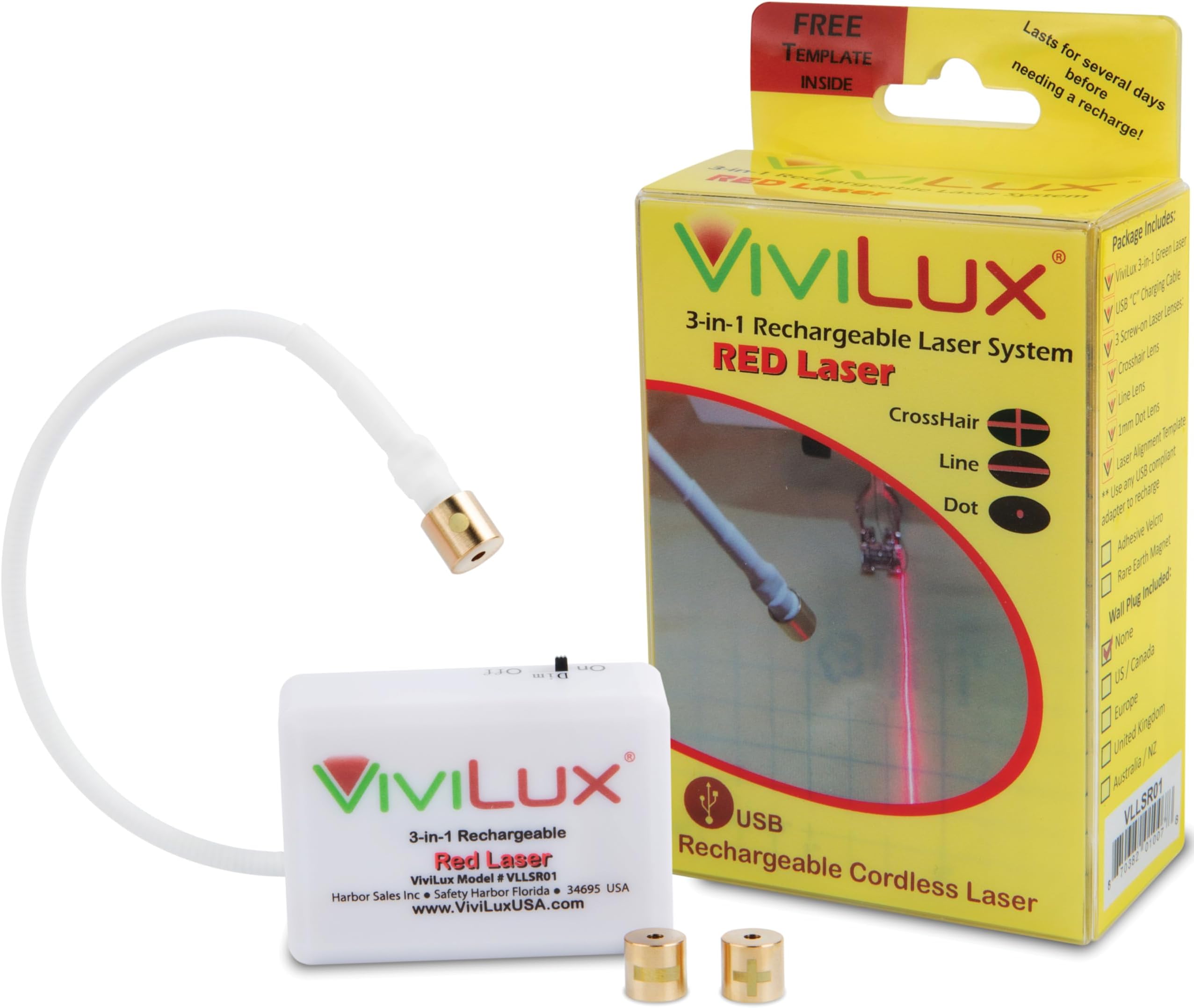 ViviLux 3-in-1 Rechargeable Red Laser System for Sewing & Quilting – Adjustable Line, Crosshair, and Dot Laser Heads, Improve Sewing Accuracy