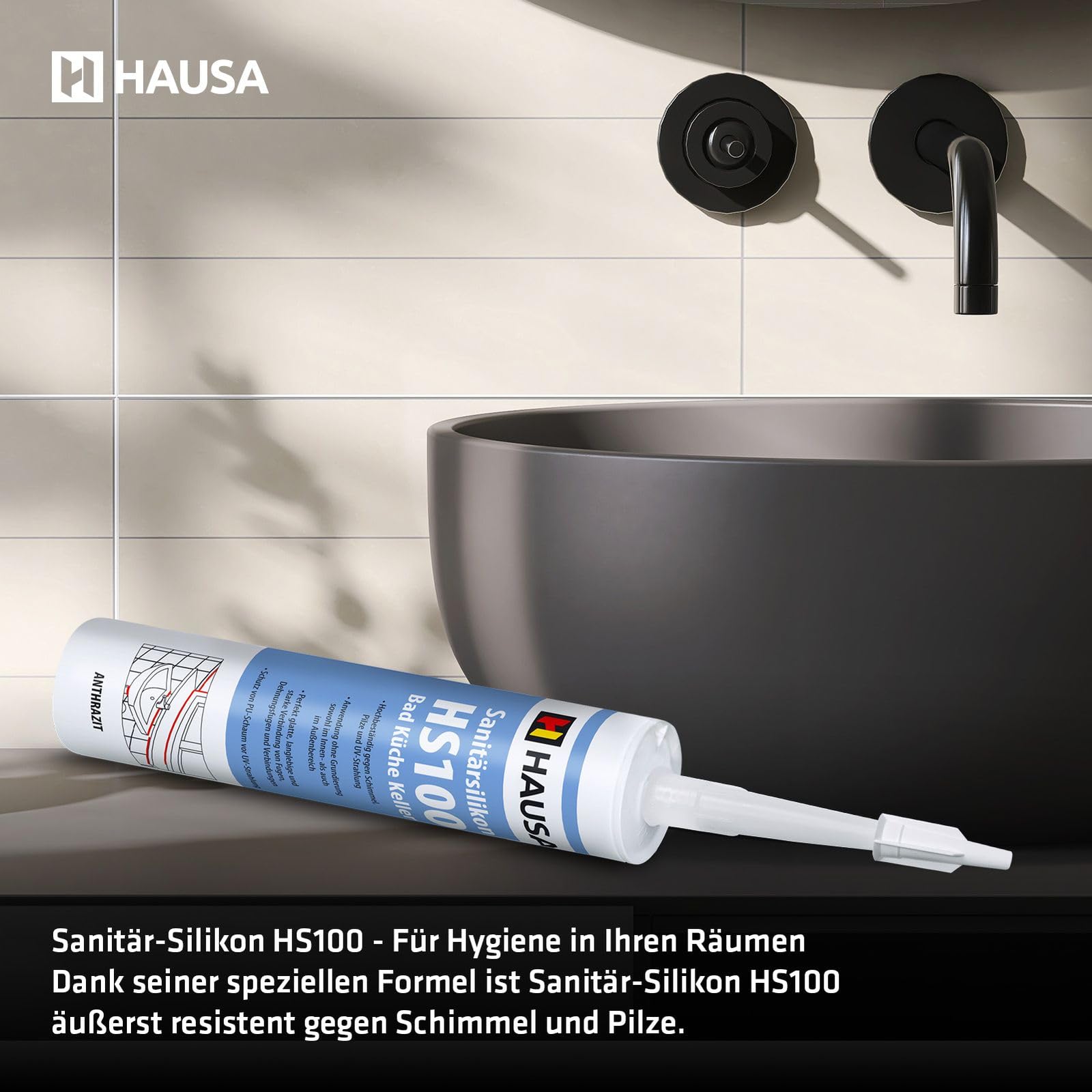 HAUSA Premium Sanitärsilikon anthrazit 18x 310ml HS100 Kartusche für Bad Dusche Küche hochelastisch wasserdicht UV- und witterungsbeständig Acetat Silikon-Dichtstoff