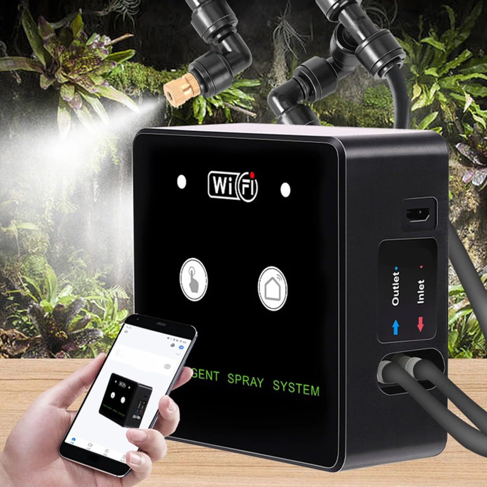 Irroratore intelligente a 360° per terrario con Wi-Fi, sistema di nebulizzazione automatico per vivarii della foresta pluviale, nebulizzatore fine con timer e pompa autoaspirante, nero (3 ugelli)