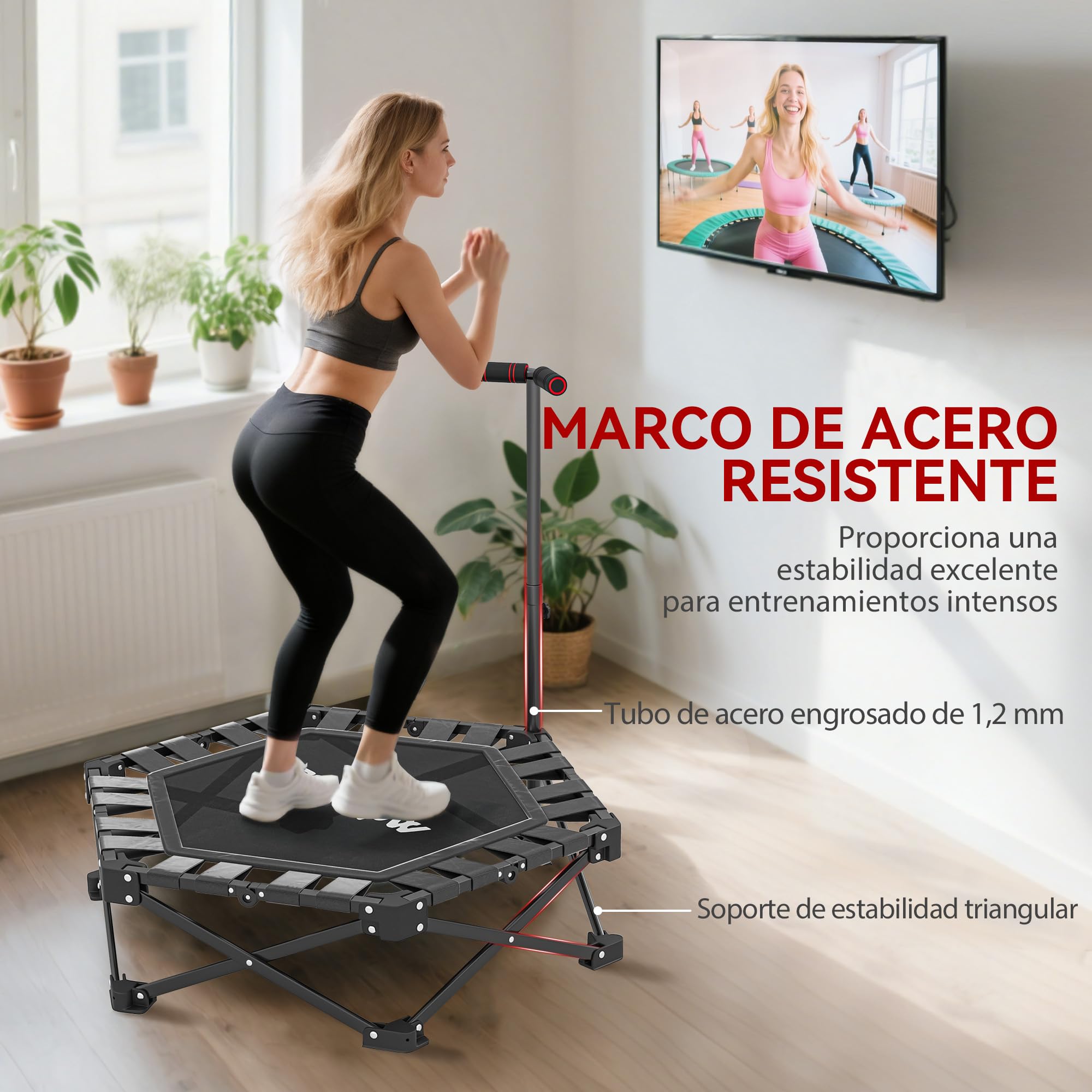 SPORTNOW Trampolín de Fitness Plegable 104 cm, Mini Cama Elástica con Barra Ajustable en 3 Alturas, Silencioso, Marco Metálico Reforzado y Bolsa de Transporte, para Entrenamiento en Hogar, Gimnasio
