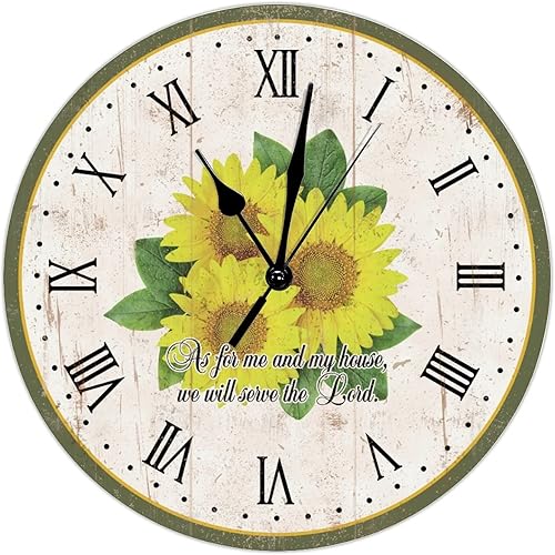 Reloj de pared cristiano vintage con diseño de girasol, para mí y mi casa, funciona con pilas, 10 pulgadas, silencioso, sin tictac, decoración de