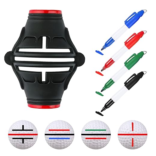 Golf Ball Marker Stencil with 4 Color Marker Pens, 360/180 Degree Triple Line Golf Ball Markers, Precision Golf Ball Liner Drawing Marking Tool Kit with Gift Box, Golf Accessories for Men Women (Red)