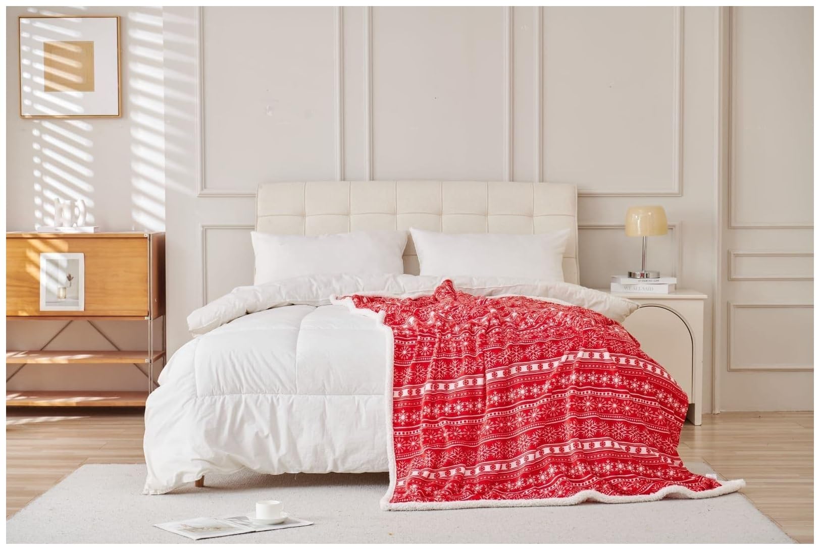 Home Luxe Red And White Supersoft Flannel Sherpa 150X200cm Throw Blanket With Christmas Theme