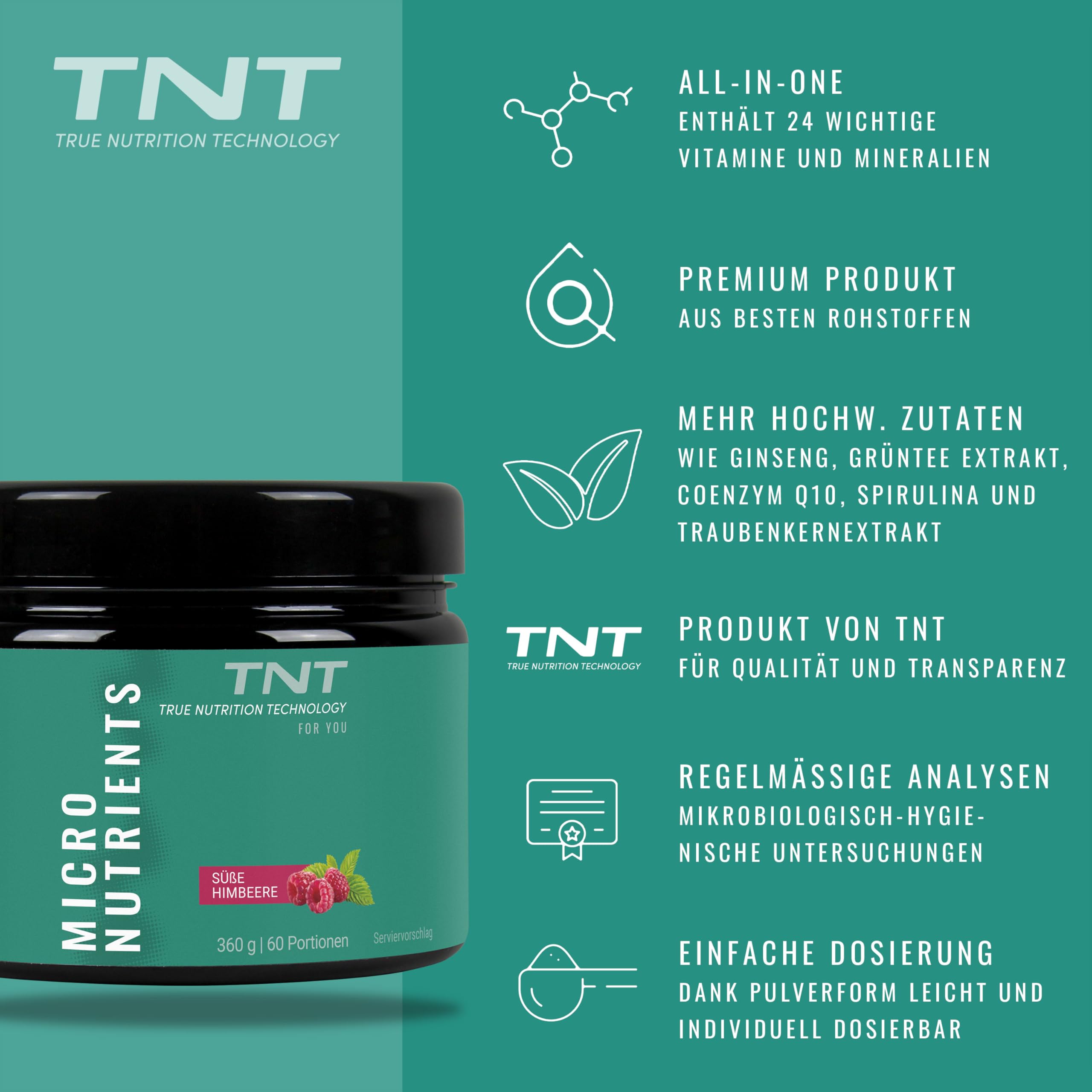 TNT Multivitamin Pulver mit 24 Vitaminen & Mineralien (360g) • Vitamin Komplex mit Grüntee Extrakt, Spirulina & Coenzym Q10 • Micronutrients (Süße Himbeere)