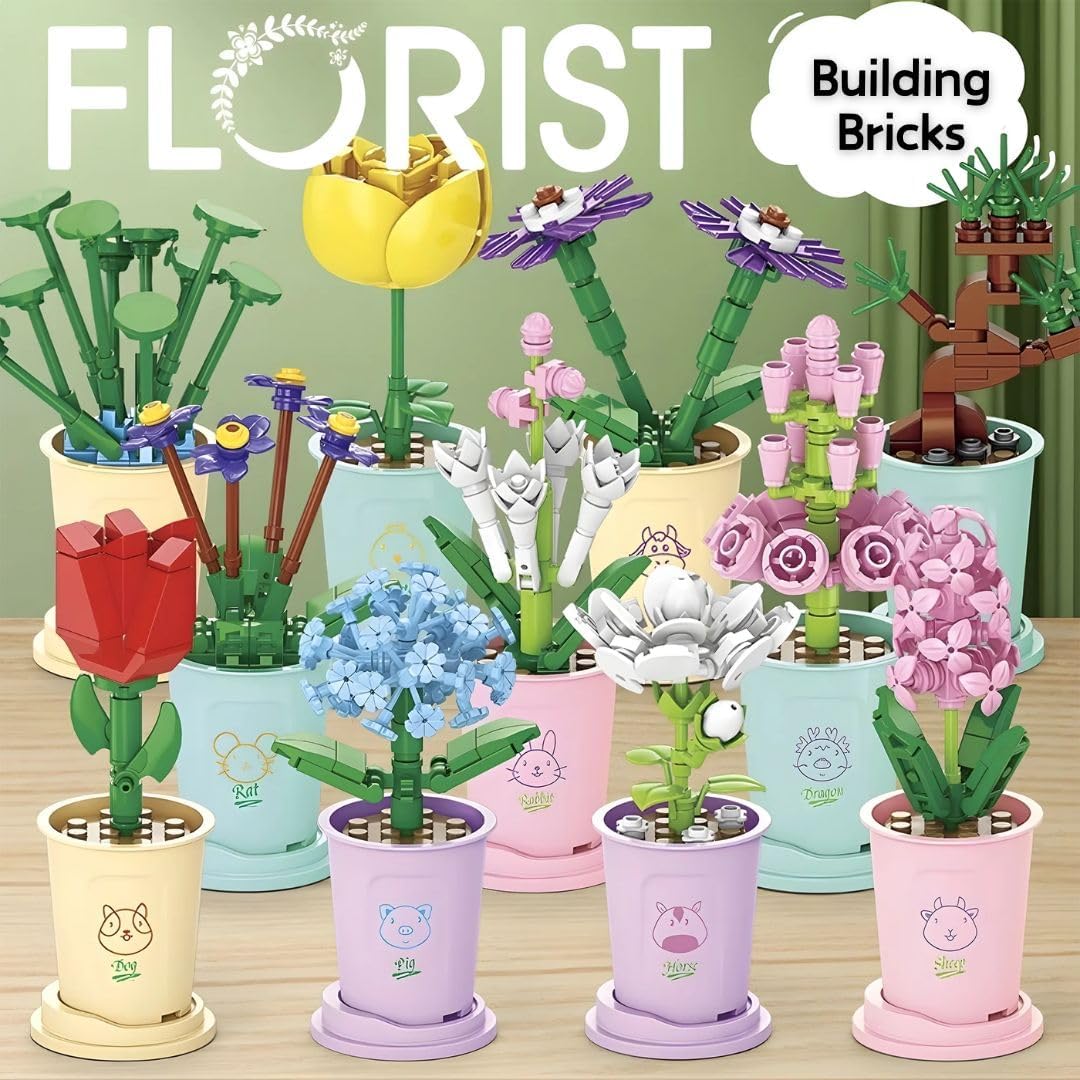 Liberty Imports 12 Pack Mini Flower Botanical Building Block Collection, Creative Flower Plant Toy Set for Kids, Home or Office Colorful Decorations