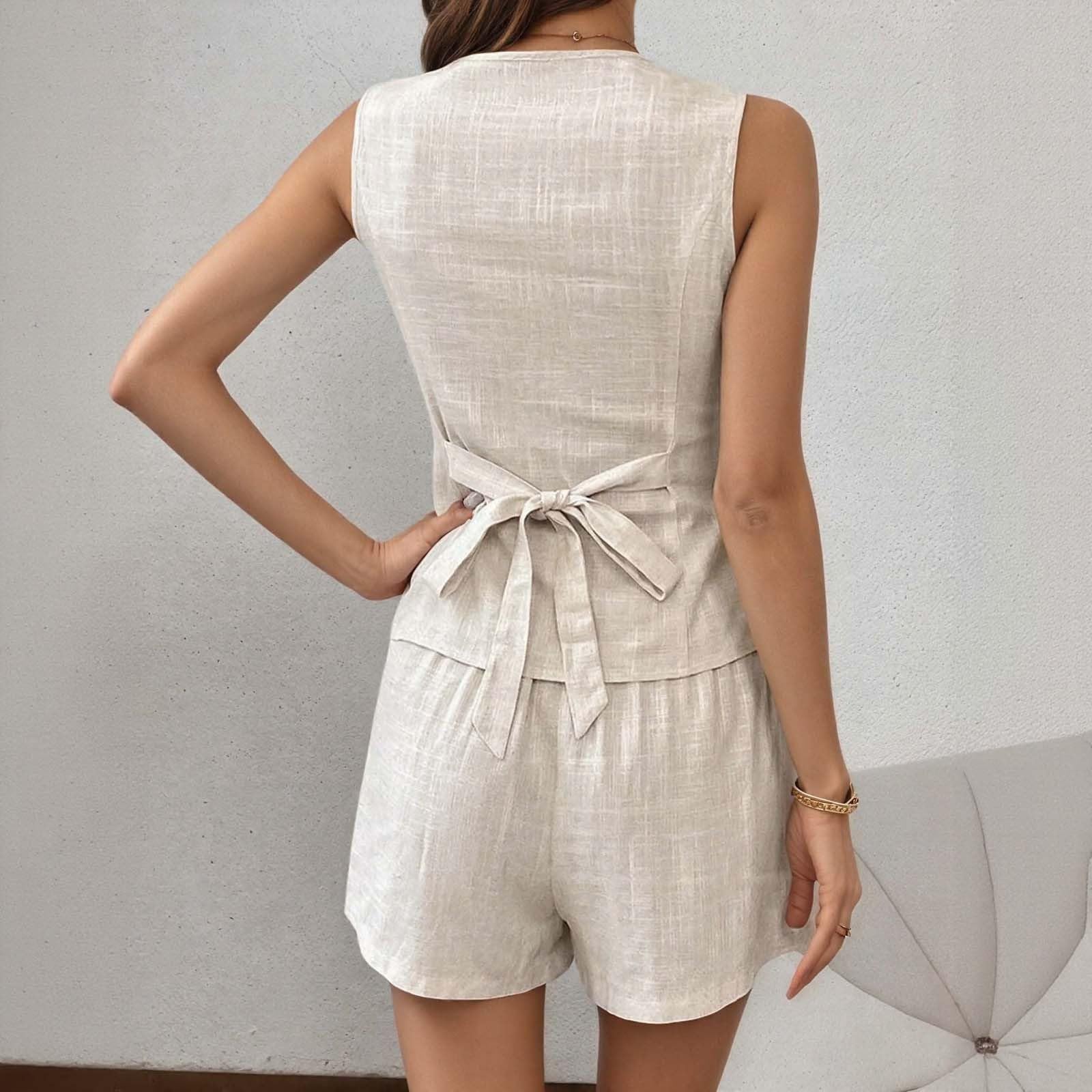 Générique sans manches en lin avec col en V boutonné pour femme Beige S ou M ensemble femme pantalon et haut fluide