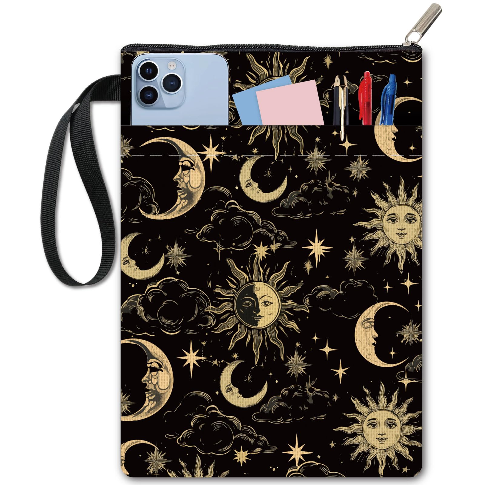 CRASPIRE Moon Book Covers Sun Star Protector Black Book Sleeve for Paperbacks Washable Fabric Cloth with Zipper and Extra Sleeve Pocket for Readers Lovers Classmate Gifts