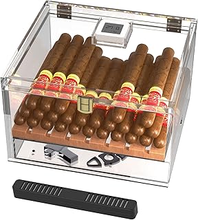WIAEE Humidor Cigar Box, Acrylic Humidor, Cigar Humidors with Spanish Cedar Tray, Digital Hygrometer, Humidifier and Accessory Drawer,Desktop Cigar Case Box Holds 50 Cigars, Valentines Day Gifts