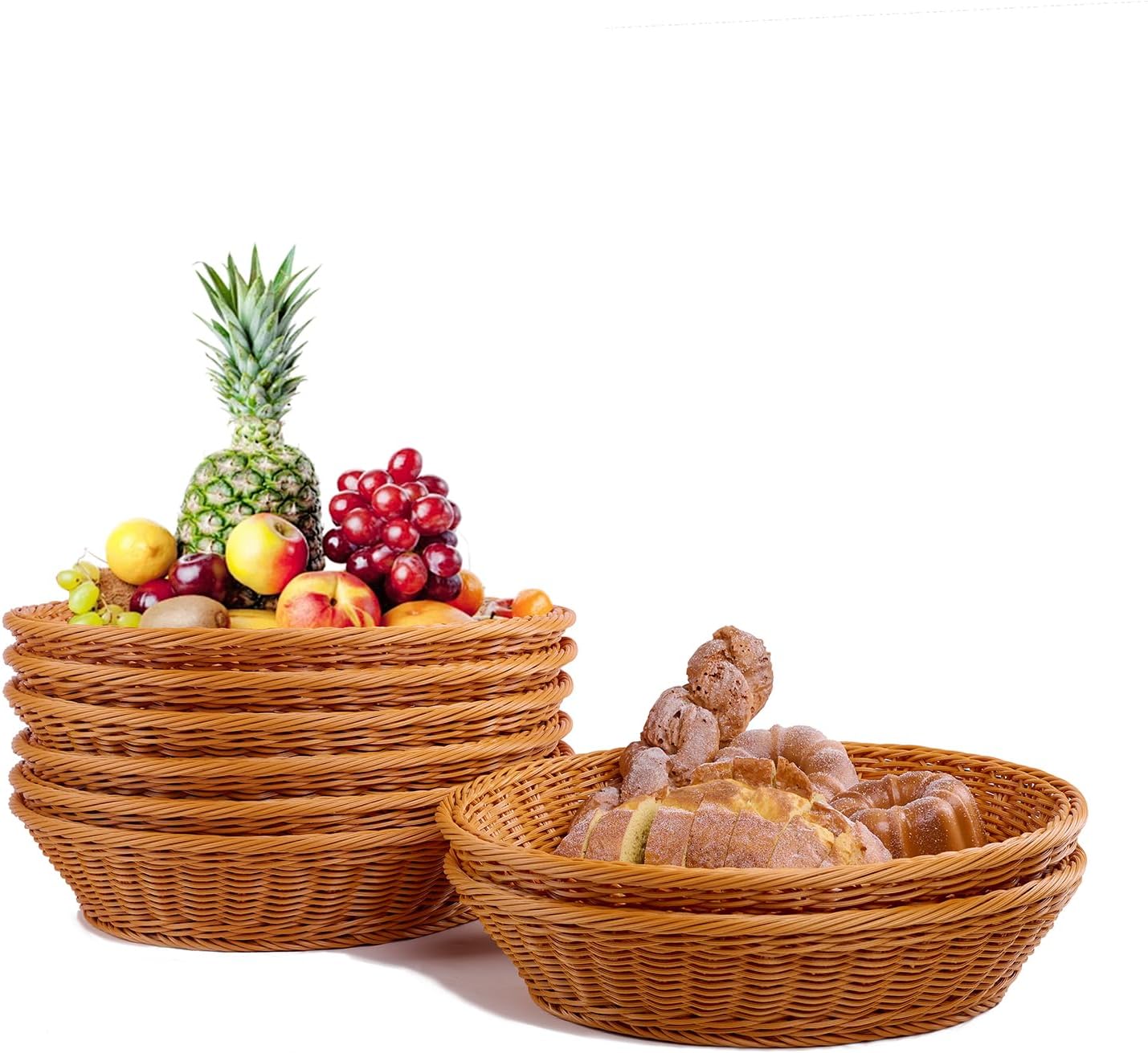 Bread Basket, 13.8"x 3" Bread Baskets for Serving, 8 Pack Round Plastic Woven Basket, Artificial Rattan Basket for Home, Kitchen, Restaurant and Outdoor Daily Life Use