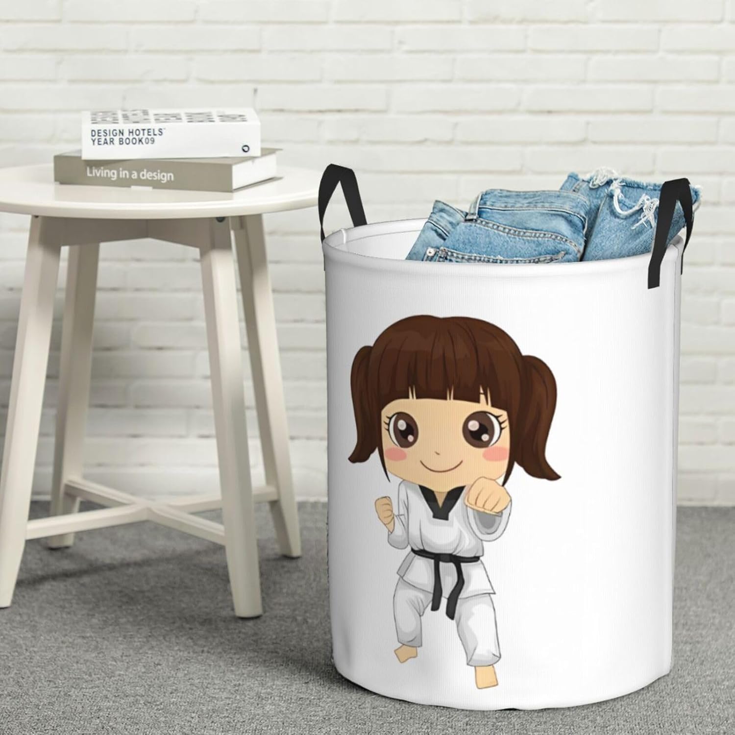Cute Girl in Taekwondo Pose Laundry Basket Waterproof Collapsible Laundry Hamper with Durable Handle Round Storage Basket Dirty Clothes Organizer for Bathroom Bedroom College Dorm
