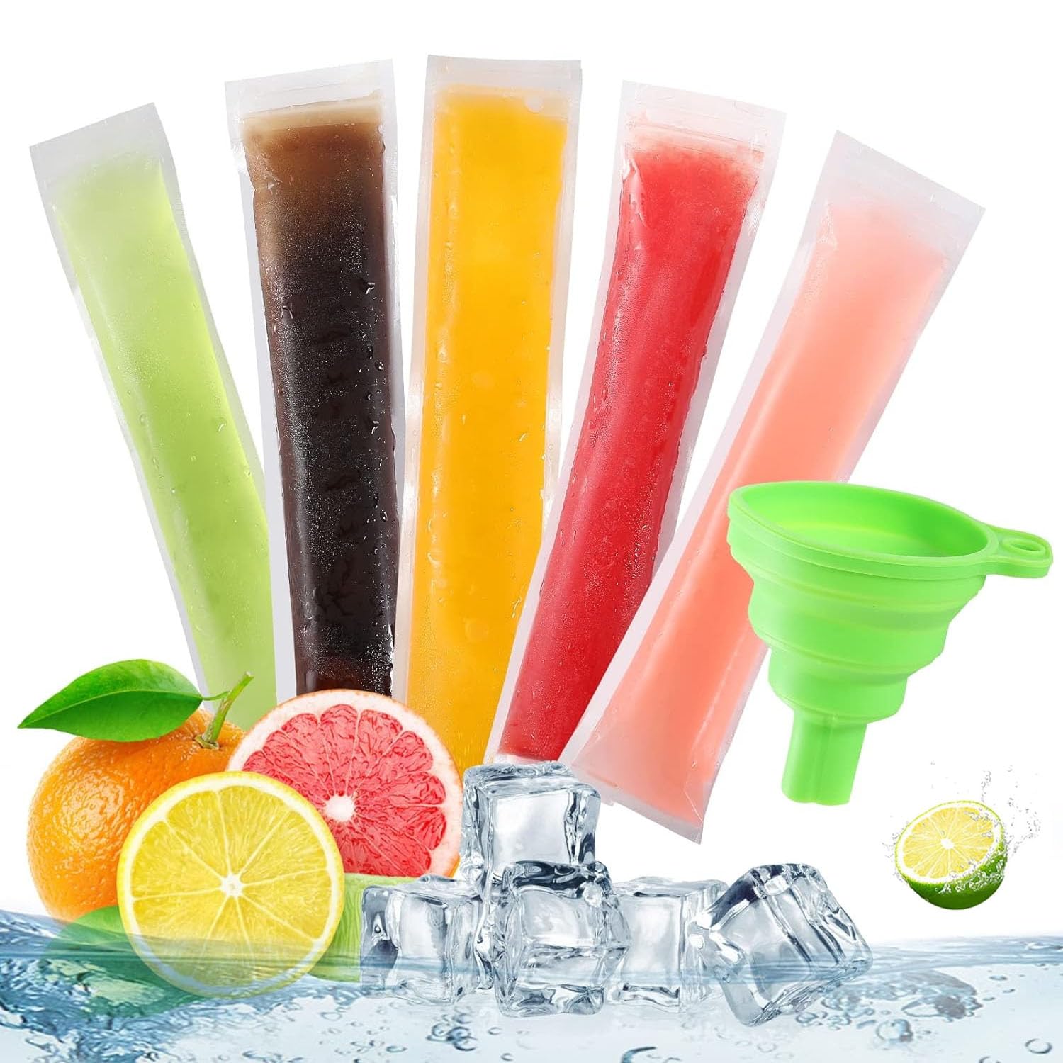 Goodern 100 Pieces Disposable Ice Popsicle Mold Bags,5.5 * 28 CM Homemade Ice Lolly Bags with Silicone Funnel And Zip Seals Juice & Fruit Smoothies Mold Bags Ice Candy Sticks Summer Ice Party Favors