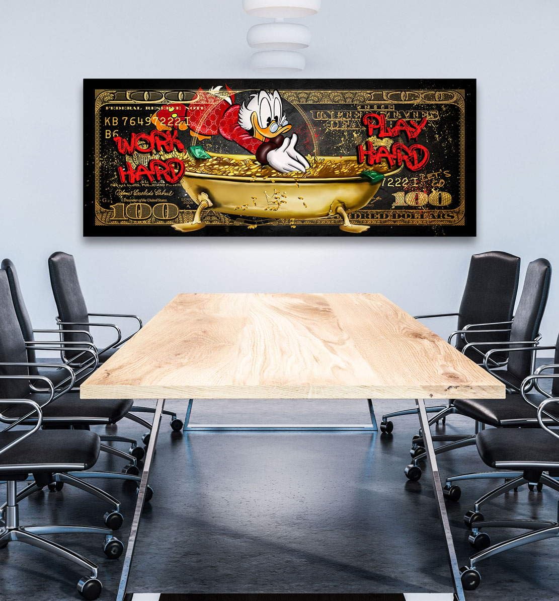 Kunstgestalten24 Dagobert Dollar Work Hard Bild Pop Art Style Leinwandbild | Kunstdruck | Wanddeko | Street Art | Gemälde | Comic Bilder | Wandbild Leinwand Modern 100x40x4cm