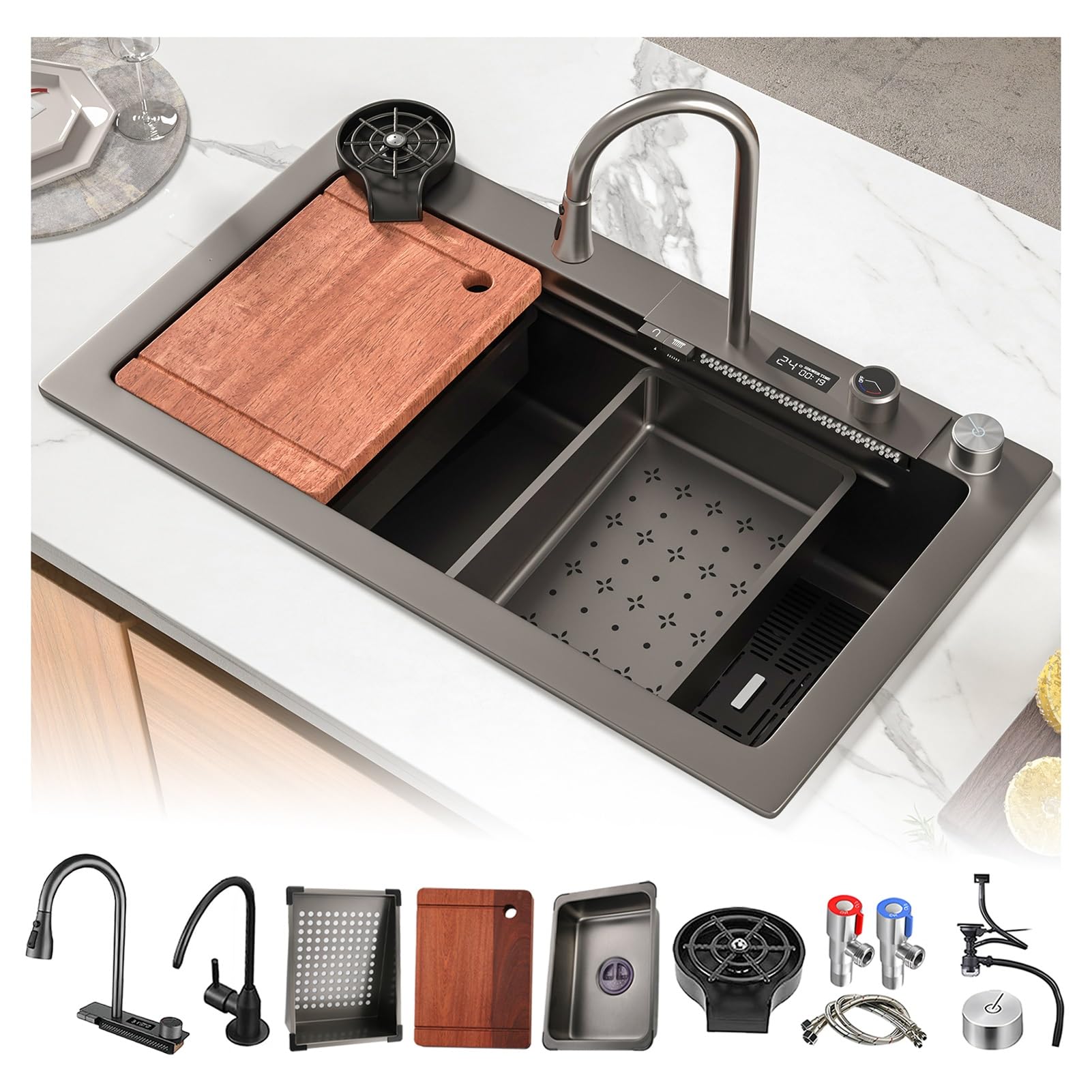 HYSOPSPX Black Stainless Steel Kitchen Sink with Temperature Display, Nano Coating Single Bowl Workstation Sink, Topmount,Waterfall Pull-Out Faucet, Cup Washer, and Knife Holder(Black-b,68x45cm)