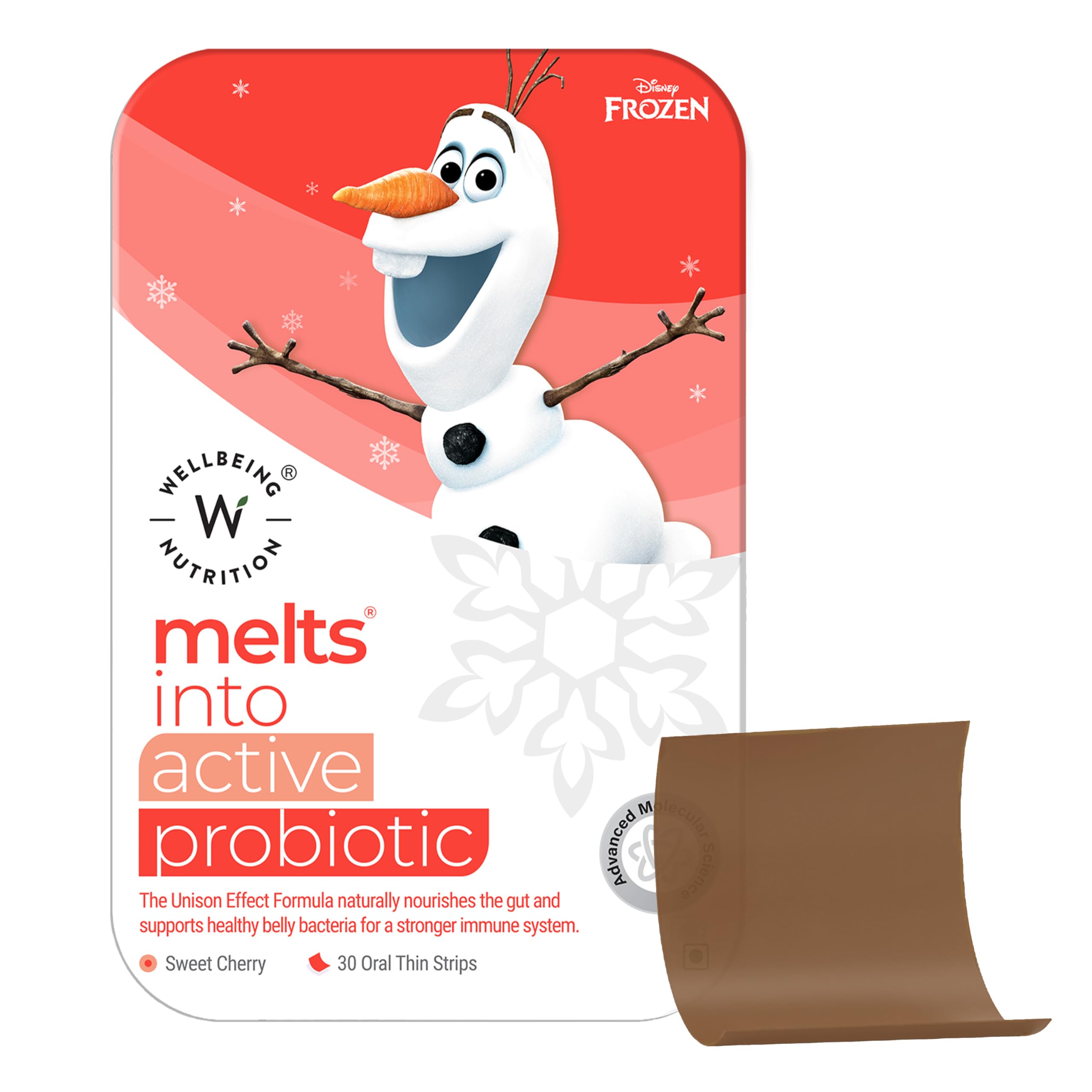Wellbeing Nutrition Disney Melts Probiotics & Prebiotics for Kids | 7B CFU, Vitamin C & D3 | Improve Digestion, Immunity & Gut Health | Sweet Cherry Flavor, 30 Oral Strips
