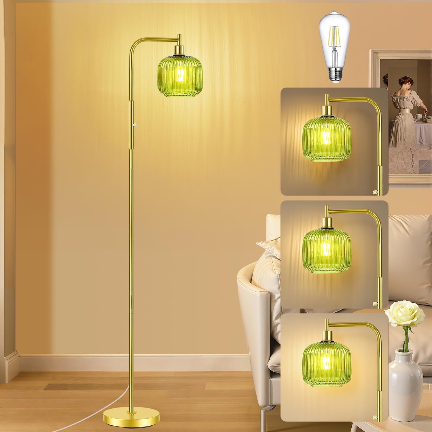 Dimmable Gold Floor Lamp with Ribbed Shade, Vintage Green Standing Lamp dimmable with Solid Base, Arc Floor Lamps Glass for Living Room, Bedroom, Office, Decorative Tall Corner Lamps Gift Use