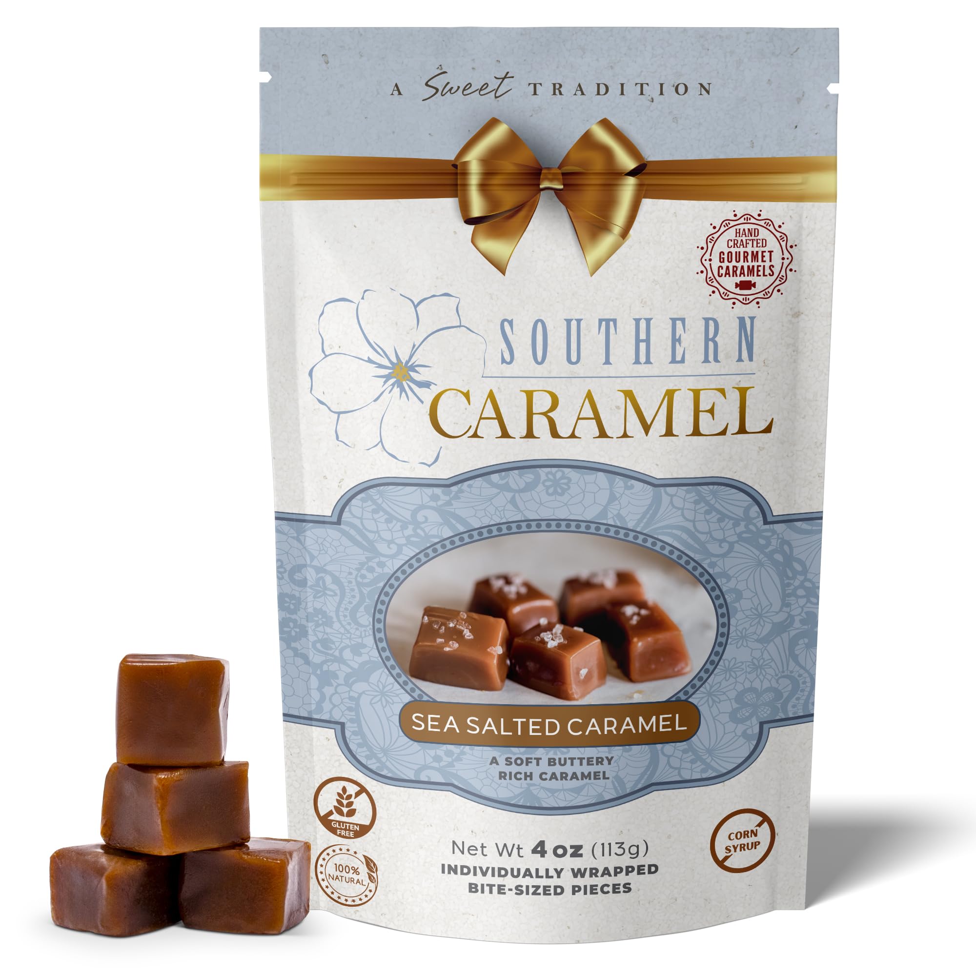 Southern Caramel Sea Salted Caramels, Rich, Buttery Caramel Candy with a Sprinkle of Coarse Sea Salt, Sweet & Salty, Handcrafted, No Corn Syrup,