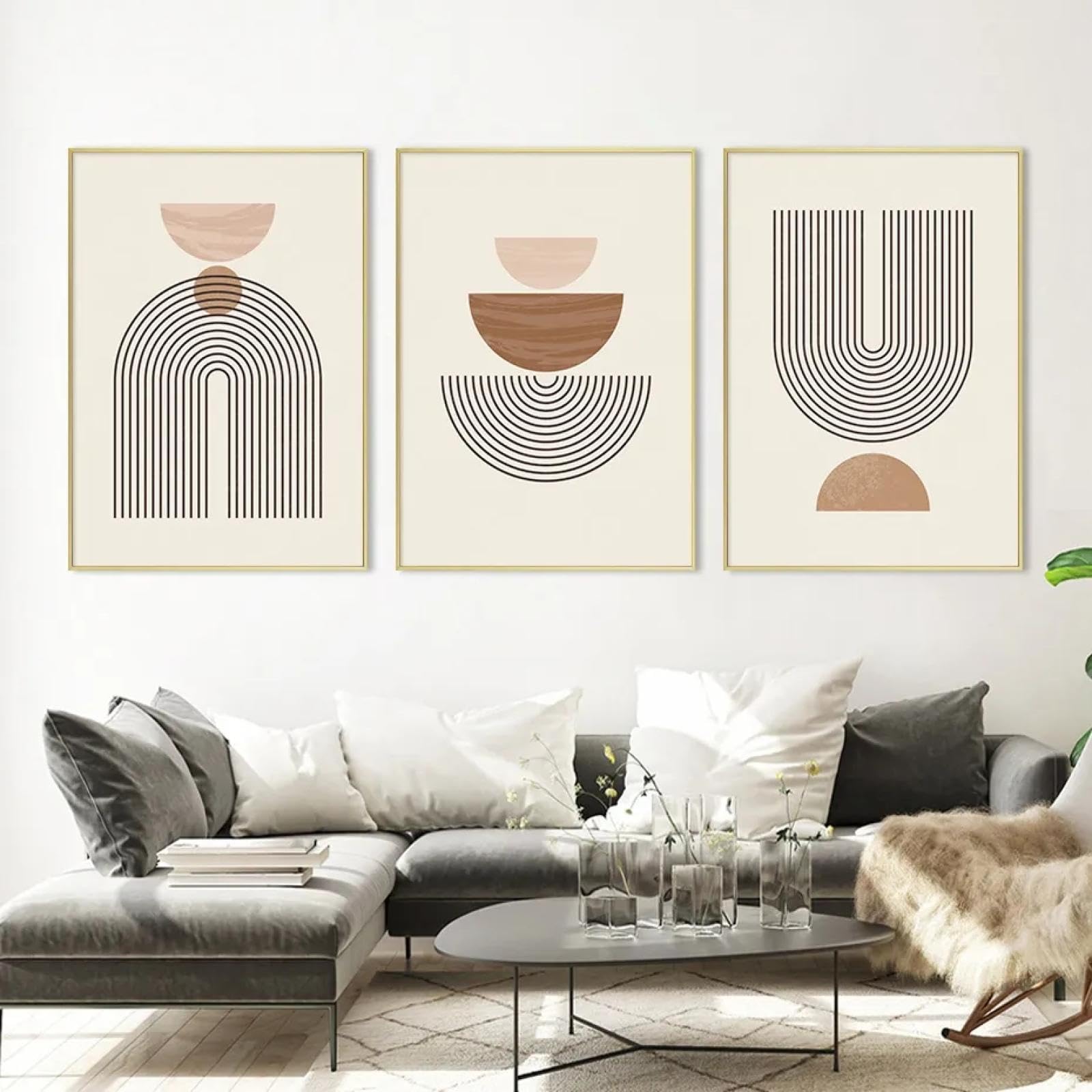 Affiches abstraites de lignes géométriques beiges déco murale salon triptyque 60x90 - 8