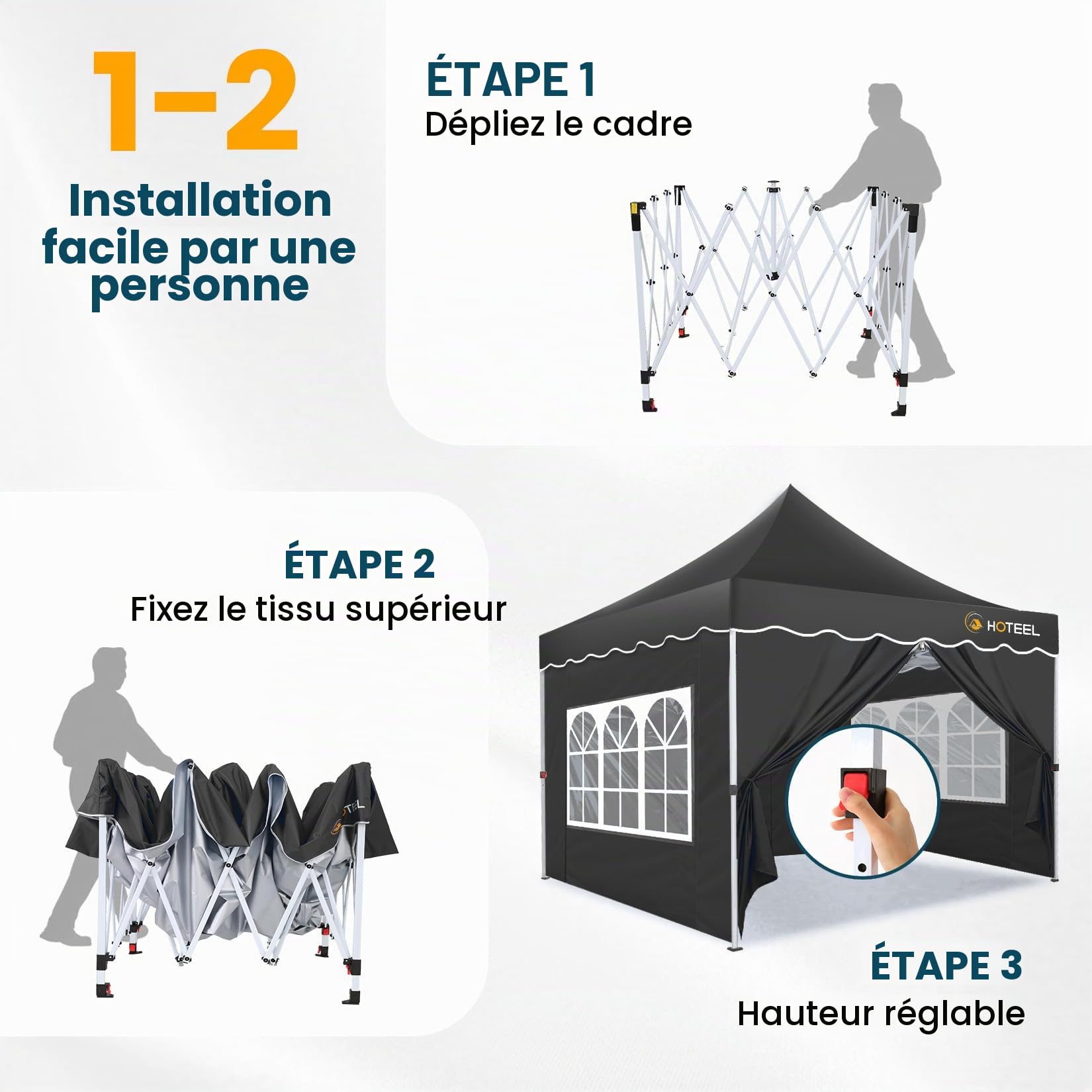 HOTEEL 3x3 Tonnelle Imperméable Stable Barnum 4 parois latérales (Noir)