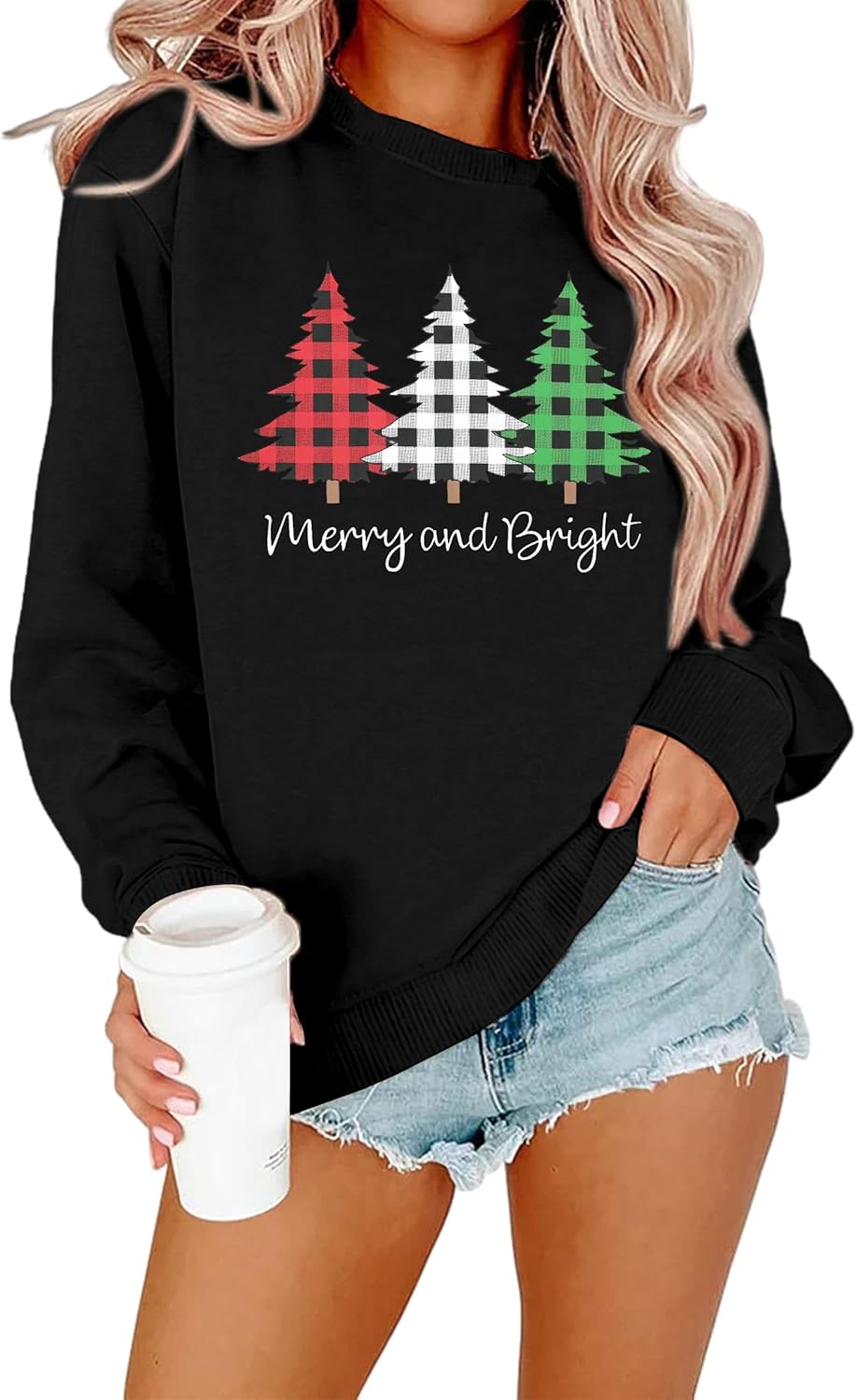Merry and Bright Sweatshirts Women Funny Leopard Printed Plaid Christmas Trees Long Sleeve Shirt Xmas Graphic Pullover Tops - Image 6