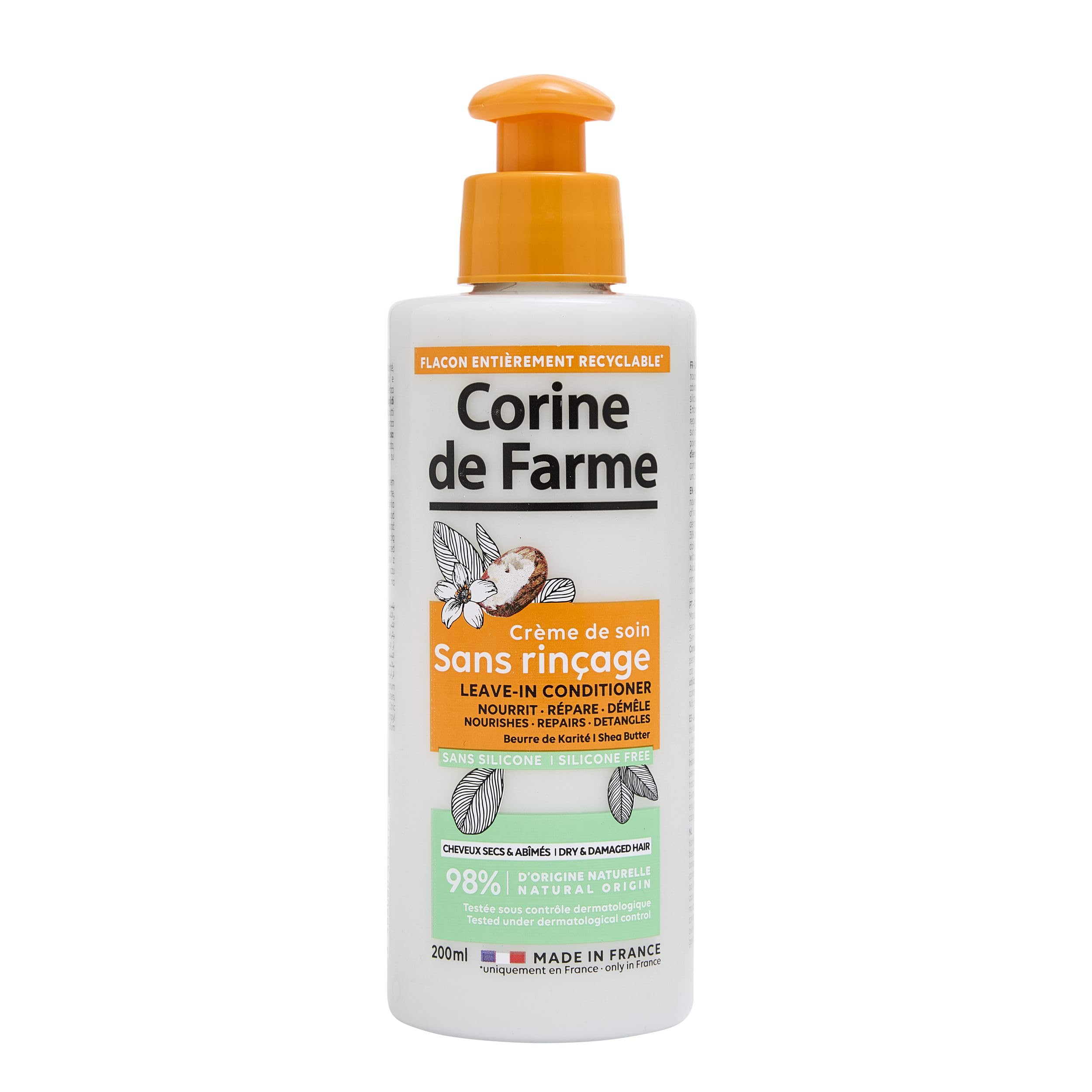 Corine de Farme - Crème de Soin Sans Rinçage au Beurre de Karité - Pour Cheveux Secs et Abîmés - Nourrit, Répare, Démêle - Sans Silicone - 200 ml