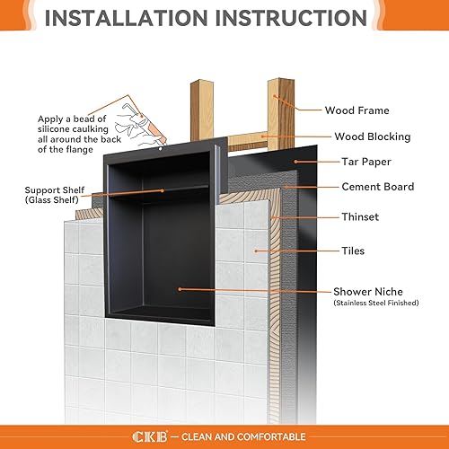 Miniatura 5 de CKB Nicho de ducha de acero inoxidable, 18 pulgadas x 14 pulgadas x 4 pulgadas de profundidad, estantes de almacenamiento de doble capa, estante de