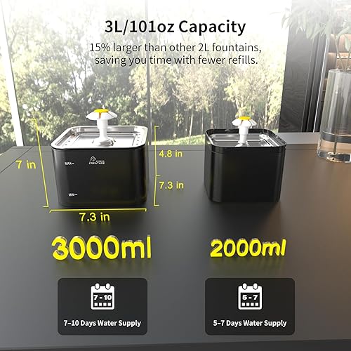 Miniatura 3 de Fuente de agua de cristal para gatos, tapa de acero inoxidable, fuente para mascotas de 101 oz3 L con luz LED para gatos y perros (negro)