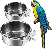 2-Pack Stainless Steel Bird Feeding Bowls with Holders - Rustproof Parrot Cage Cups for Small Pets, 3.93" & 4.72" Dia