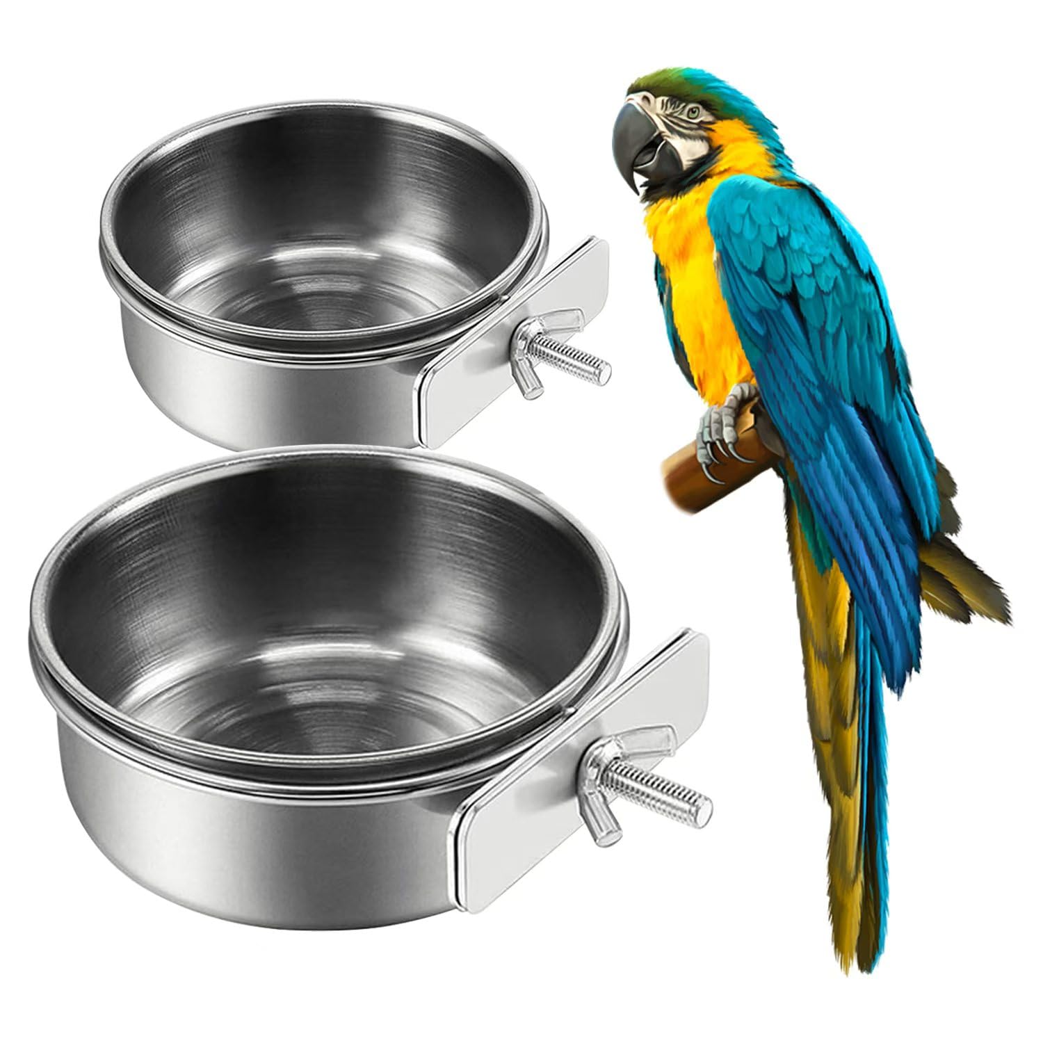 2Pcs Stainless Steel Bird Feeding Bowls, Small Bird Feeding Cup, Stainless Steel Parrot Food Bowl Cage with Holder, Parrot Cage Water Feeder, Pet Cage Cup Holder (Dia 3.93",...