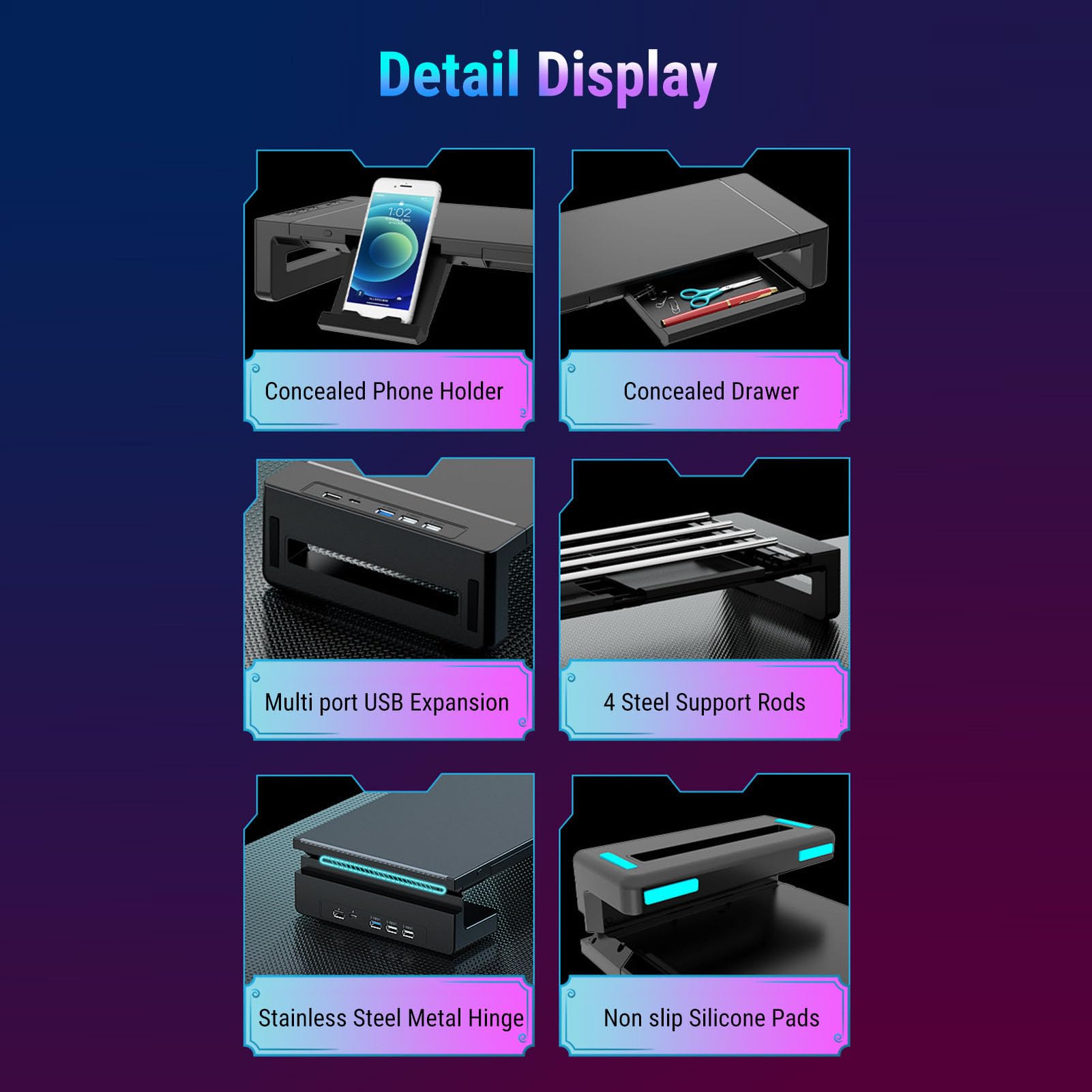Supporto Ergonomico Pieghevole Regolabile per Display del Computer con Supporto per Telefono, Organizer per Laptop, TV, Altoparlante, Stampante, Ufficio, Uso Domestico, Materiale ABS