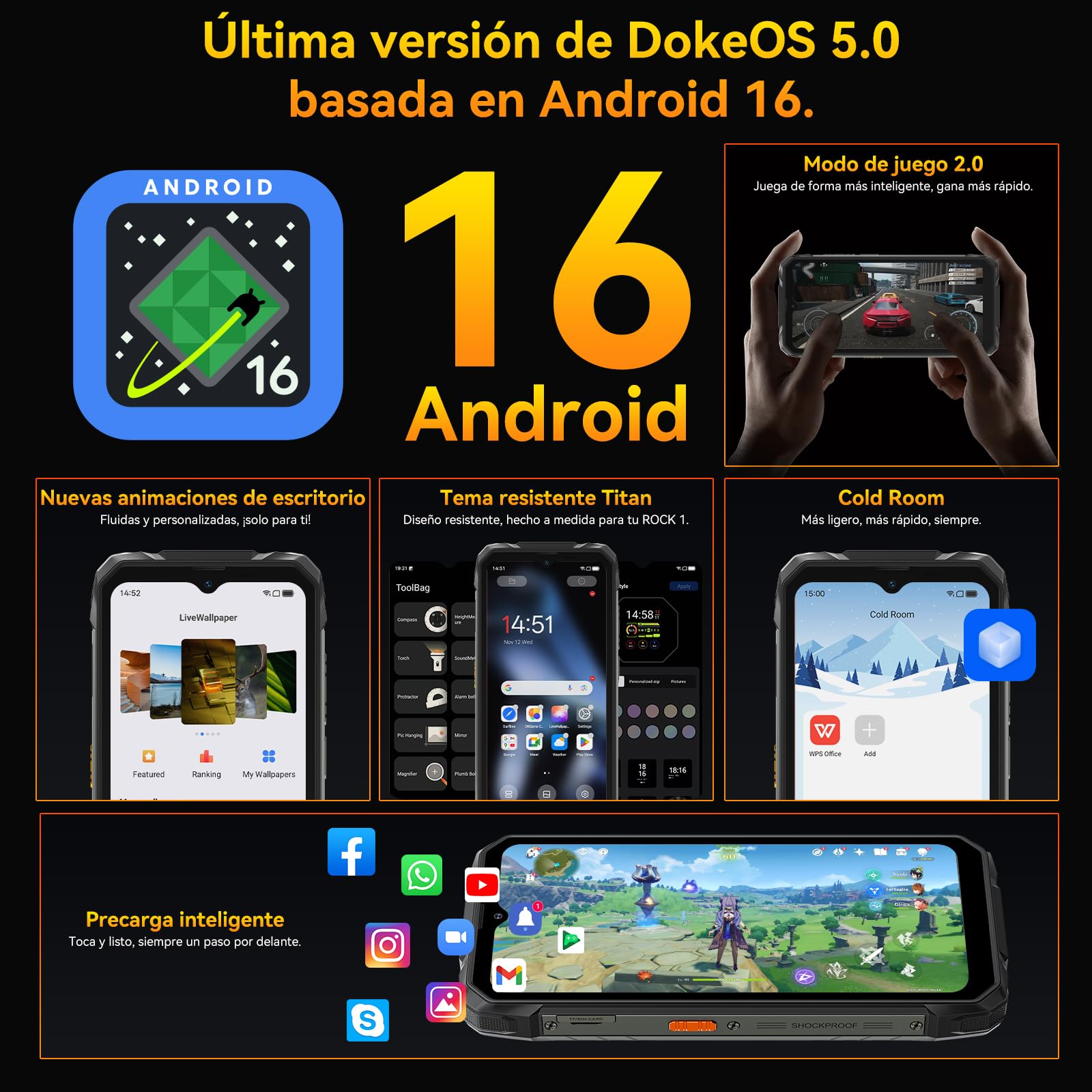 Blackview Rock 1 Android 16 Móvil Resistente 15000mAh, Móvil Irrompible para Aventureros y Senderismo, Doble Pantalla, 24GB+256GB, Visión Nocturna 20MP, Gemini AI, NFC, 3 Años de Garantía