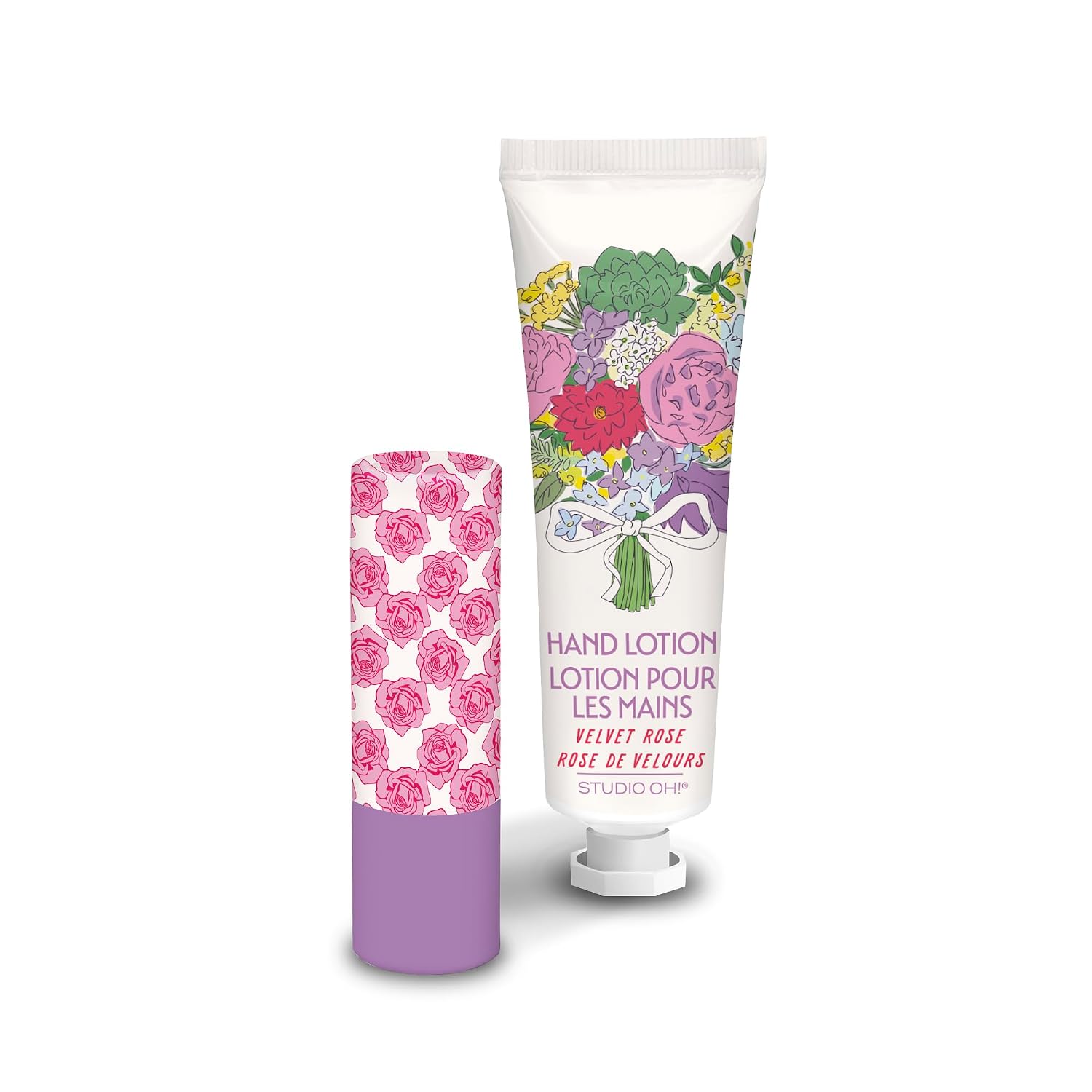 Studio Oh! Lip Balm & Hand Lotion Set, 2-Piece Travel Size Toiletries Gift Set, Unscented Lip Balm & Petite Rose Hand Cream (1 oz), Mini Lotion for Dry Skin, Lip Moisturizer, Gifts for Women