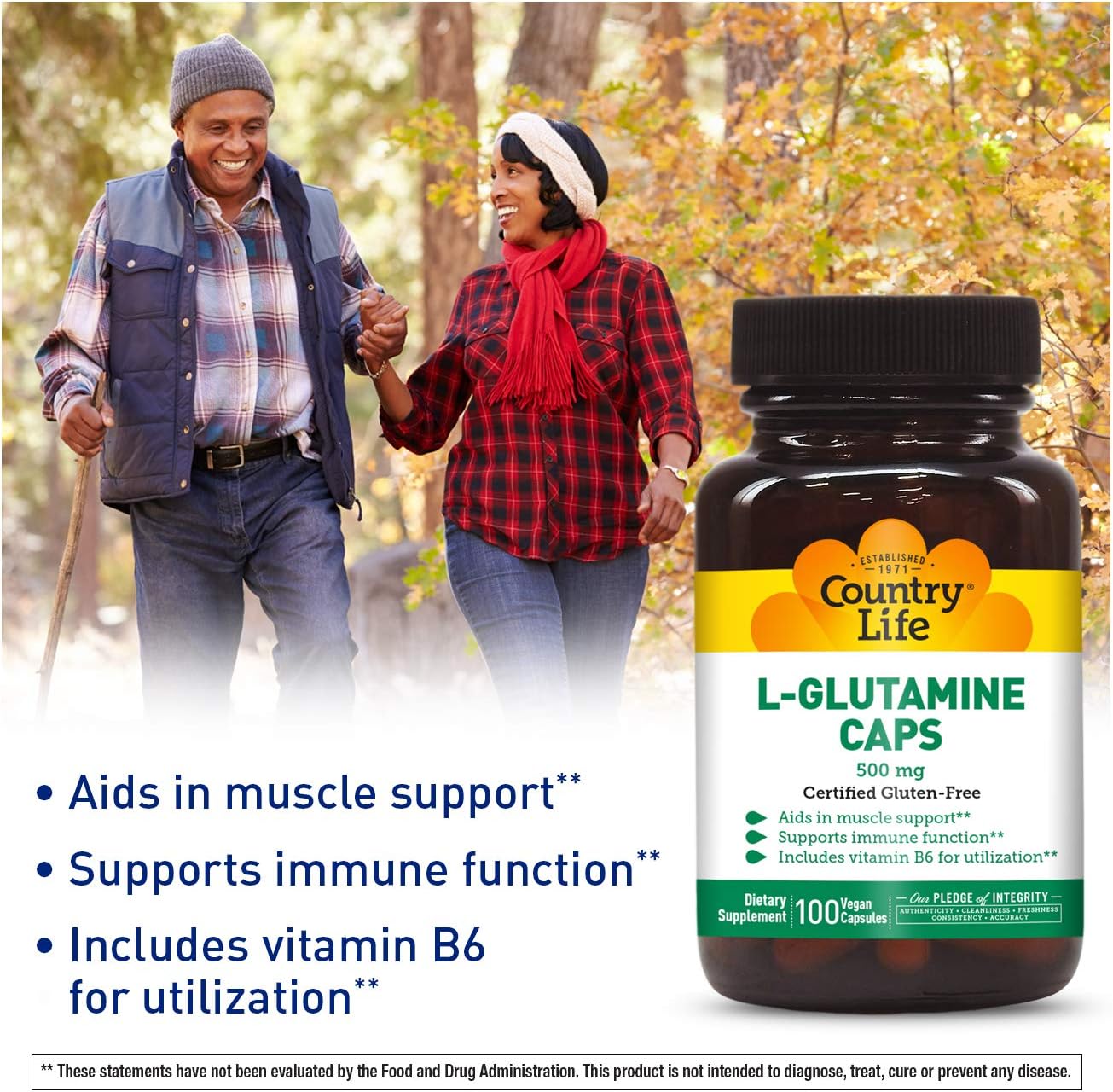 Country Life L-Glutamine Caps - 500 mg with Vitamin B6-100 Vegan Capsules - May Help Aid in Muscle Support - Promotes Immune Function Support - Gluten-Free : Everything Else