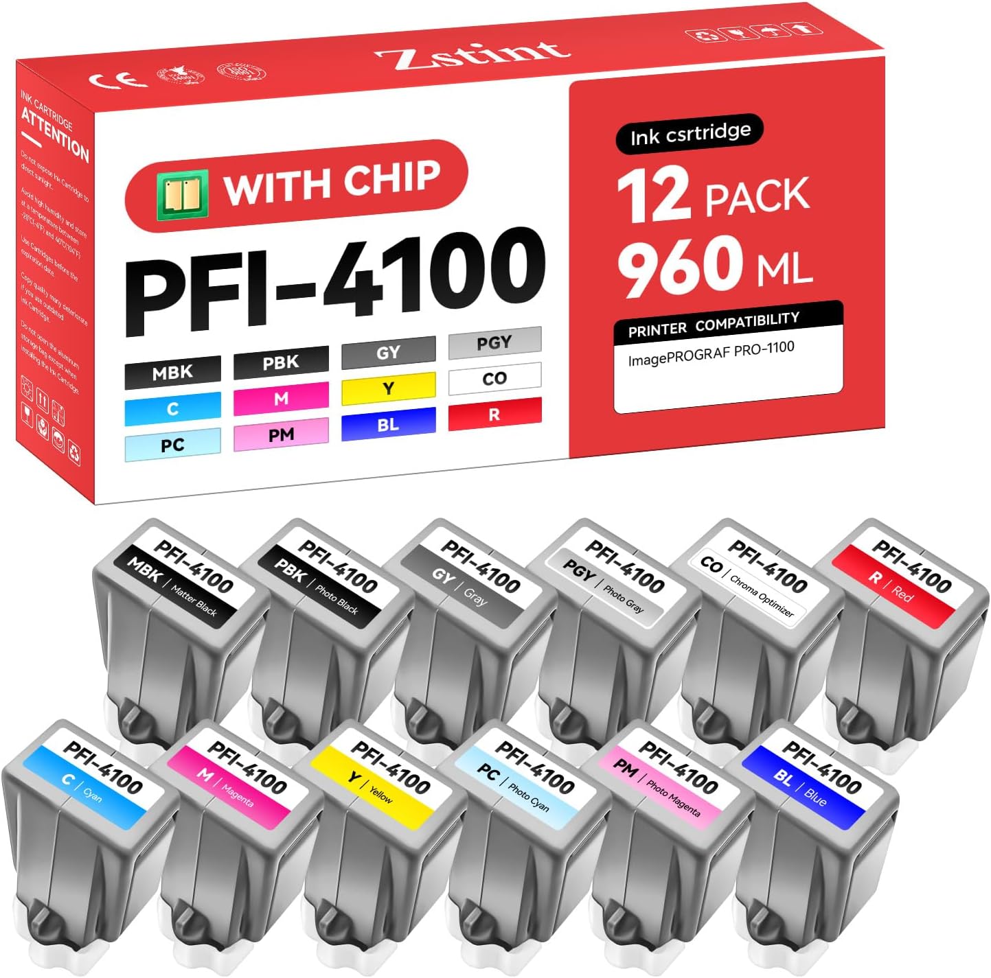 PFI-4100 Pigment Ink Tank Set 12-Pack 80ml High Capacity Replacement for Canon PFI-4100 PFI4100 Ink Cartridges Compatible with Canon ImagePROGRAF PRO-1100 Color Printer Matte Black Cyan Yellow Magenta